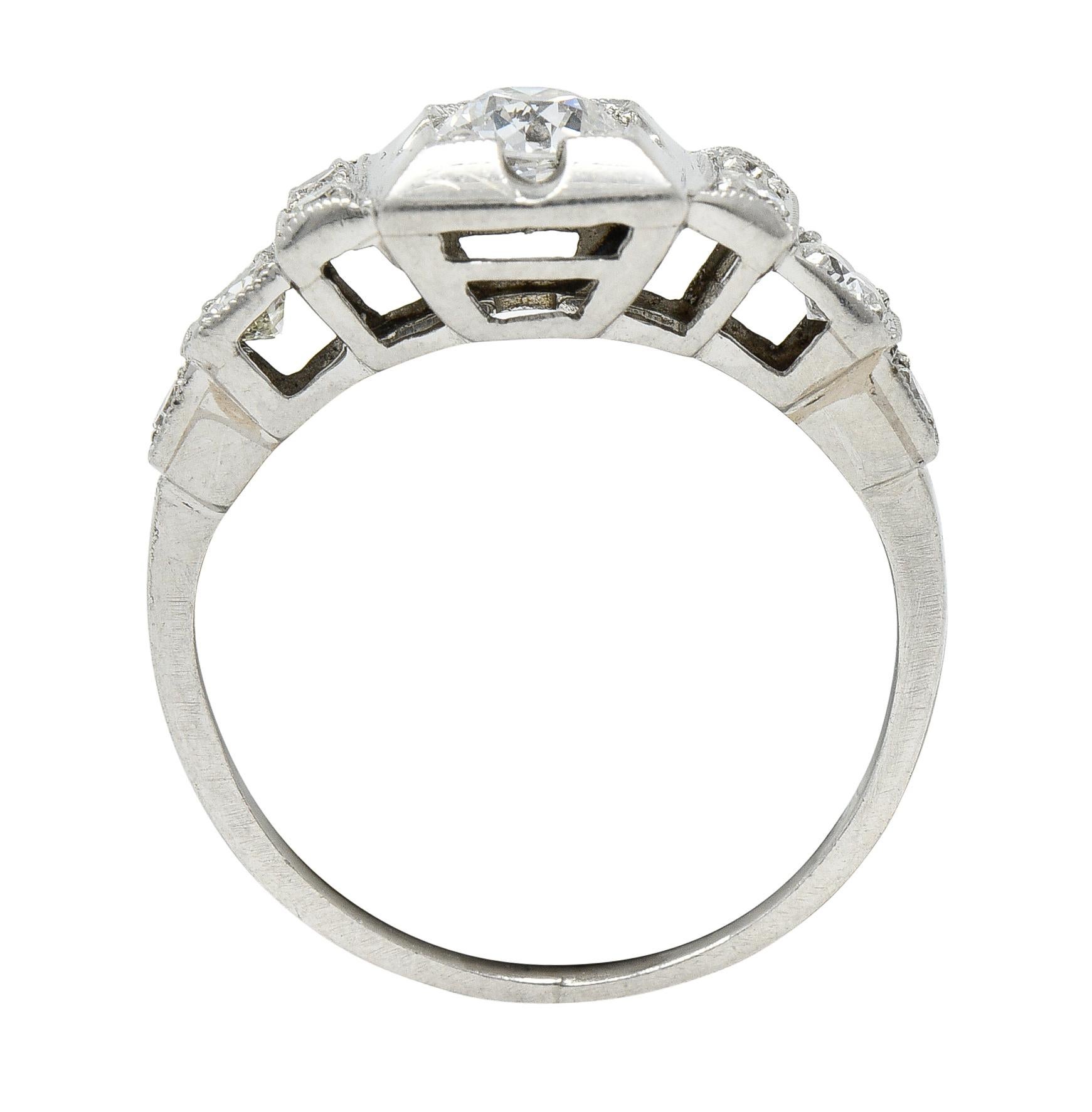 Art Deco 0.50 Carat Old European Cut Diamond Platinum Stepped Engagement Ring For Sale 3
