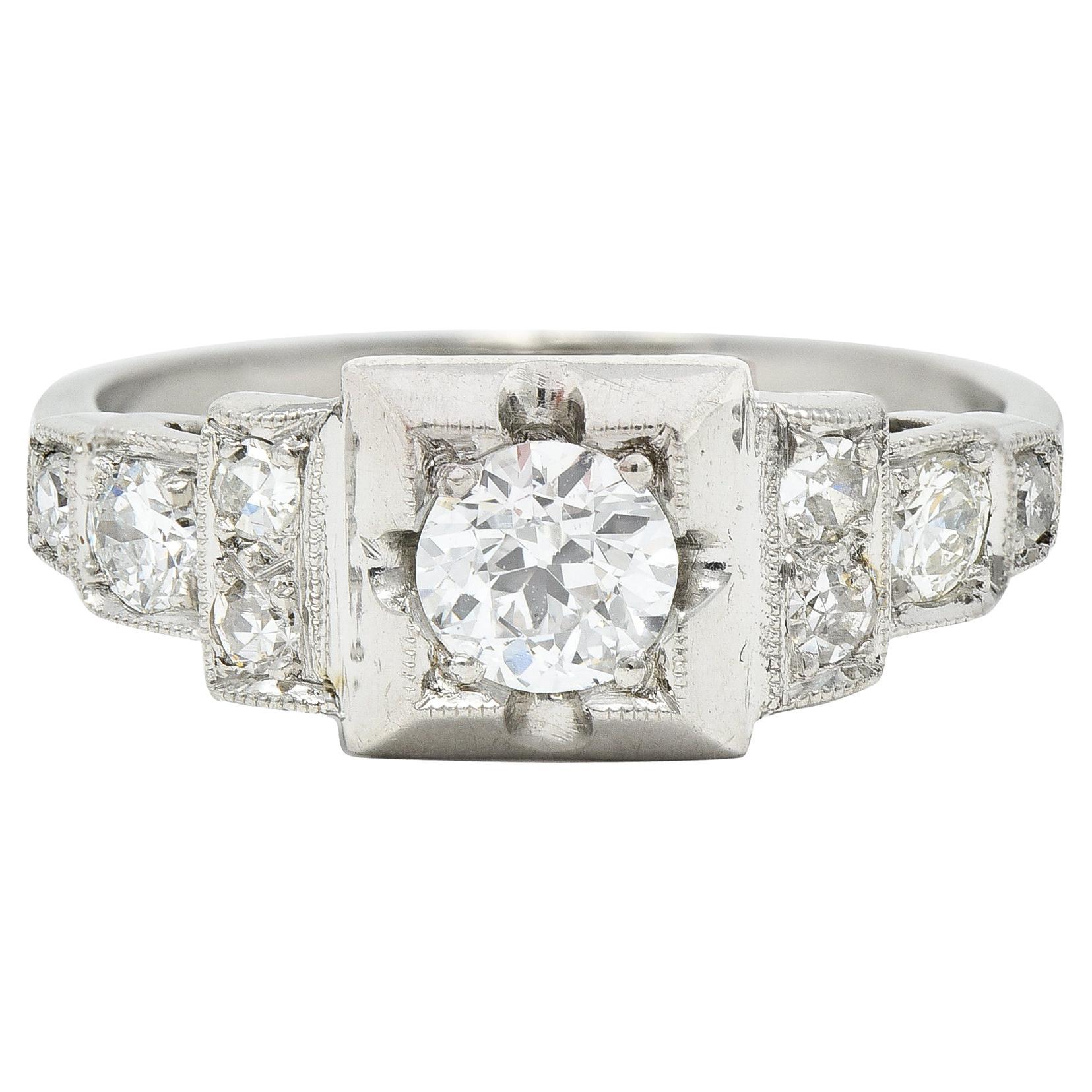 Art Deco 0.50 Carat Old European Cut Diamond Platinum Stepped Engagement Ring For Sale