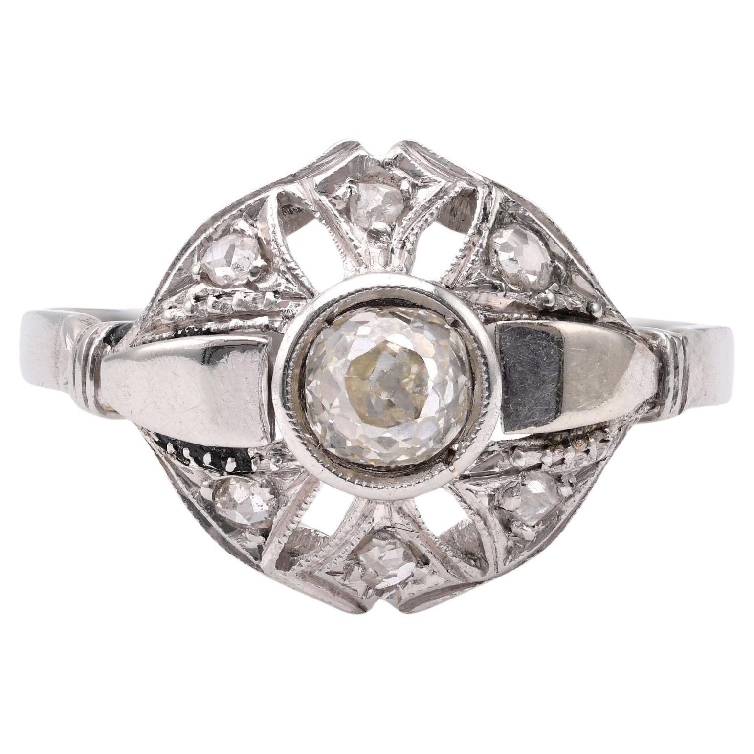 Art Deco 0.50 Carat Old Mine Cut Diamond 18k White Gold Ring For Sale