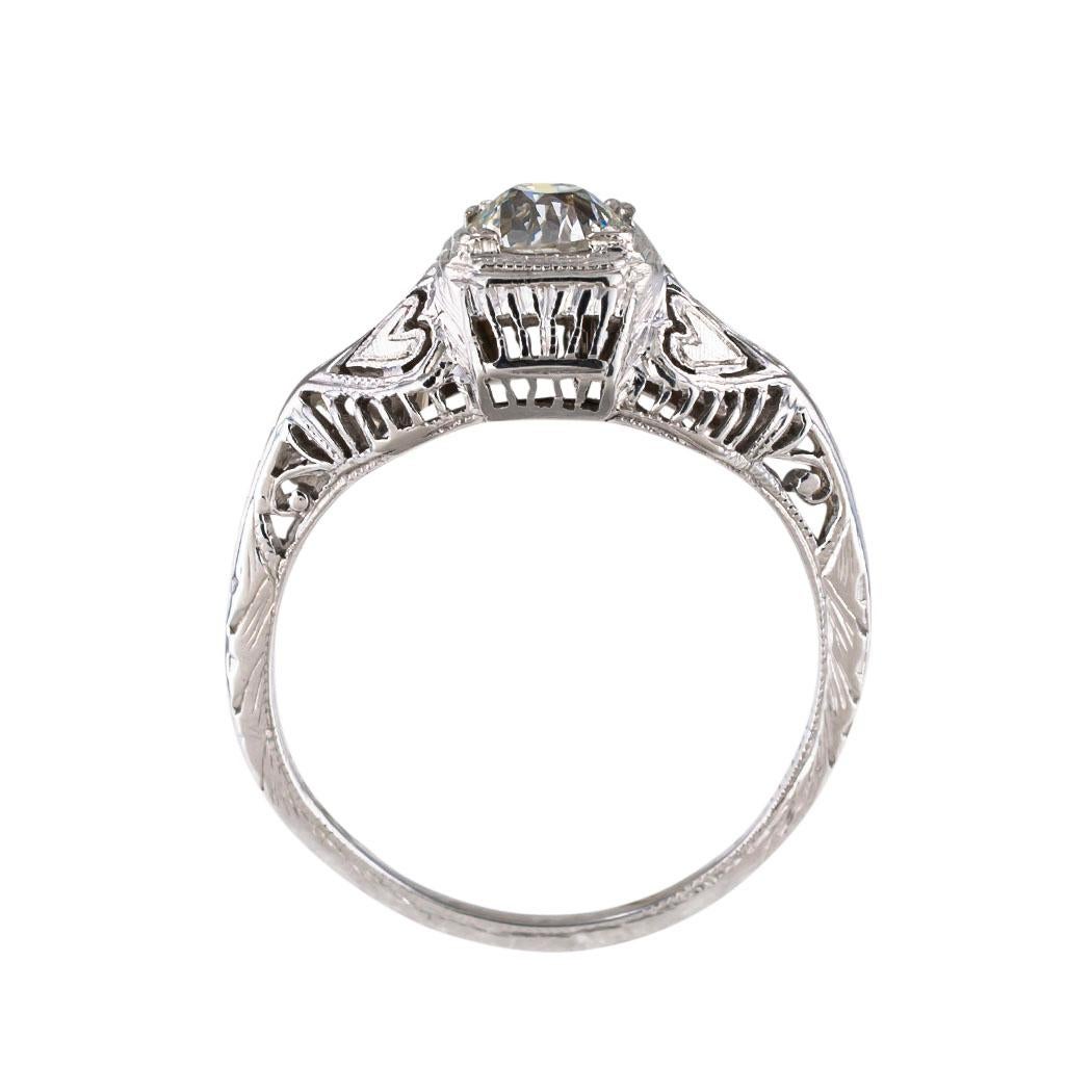 Art Deco 0.50 Carat Old Mine Cut Diamond White Gold Engagement Ring In Good Condition In Los Angeles, CA