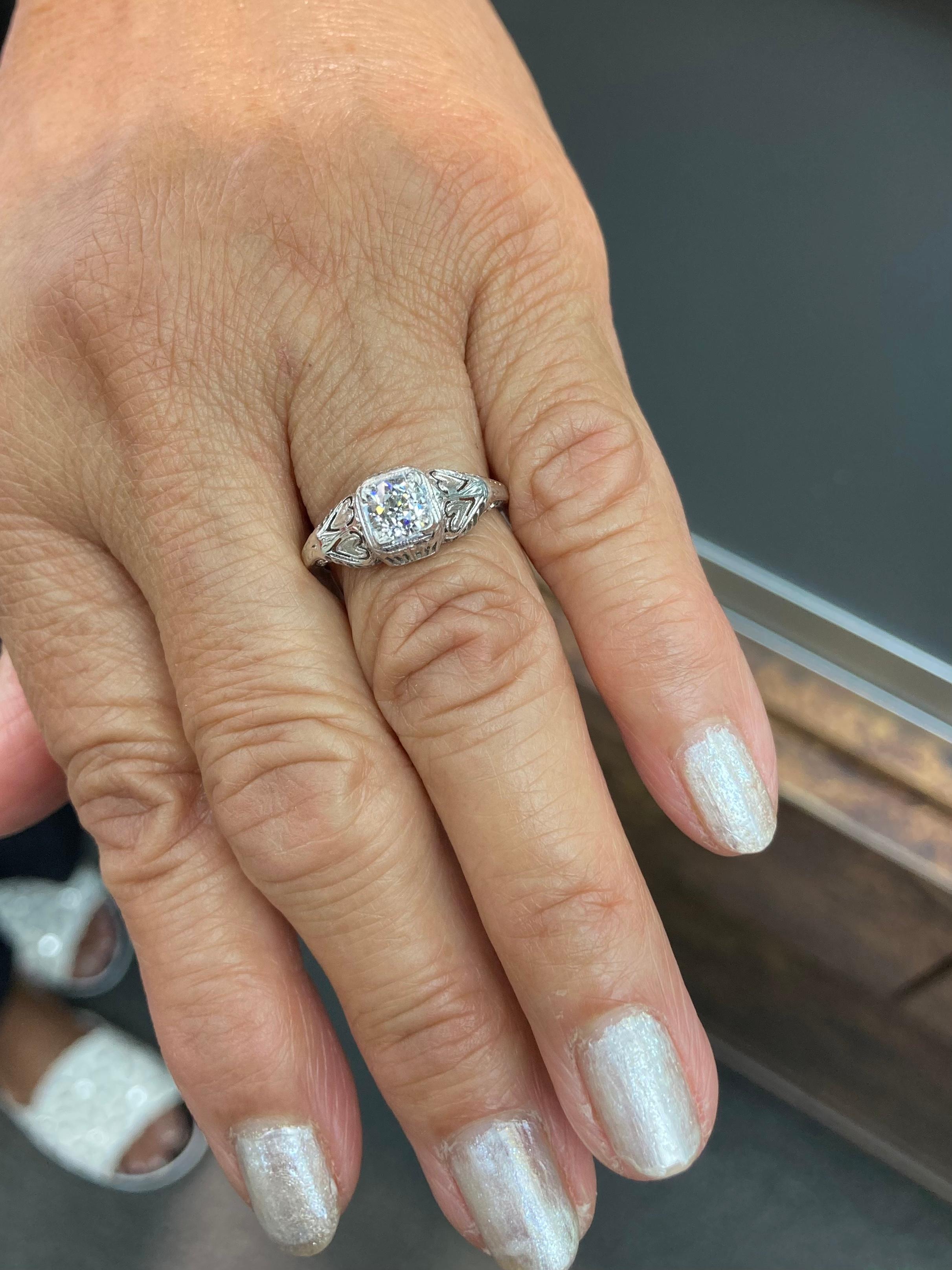 Women's Art Deco 0.50 Carat Old Mine Cut Diamond White Gold Engagement Ring