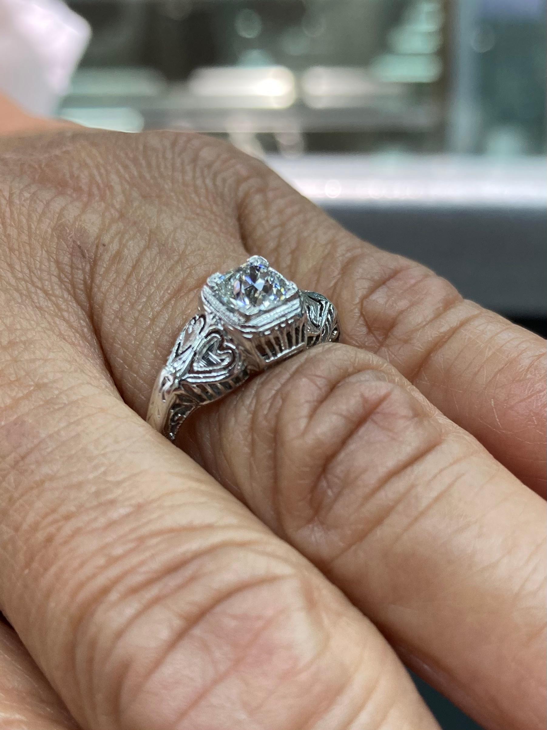 Art Deco 0.50 Carat Old Mine Cut Diamond White Gold Engagement Ring 1