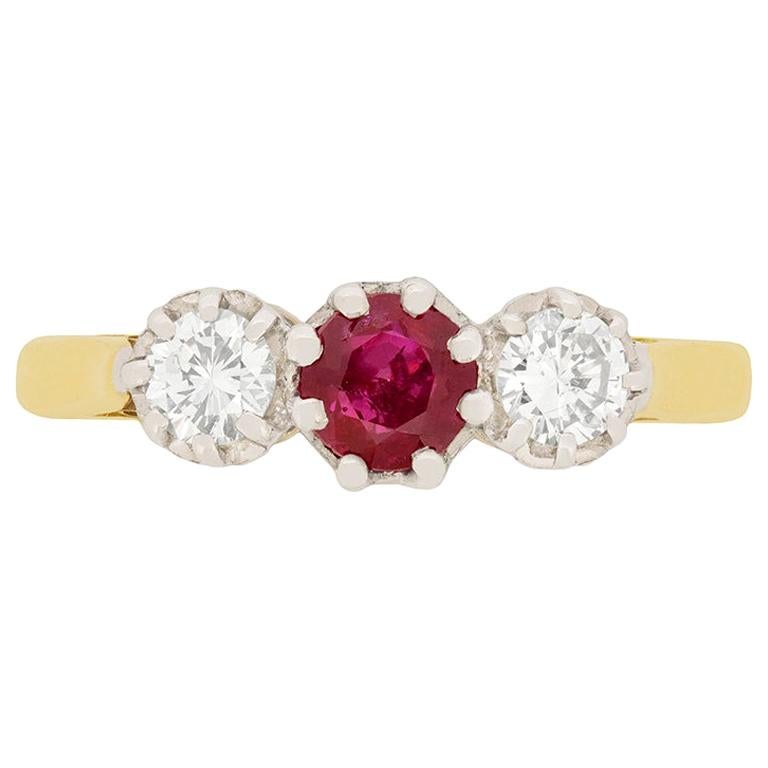 Art Deco 0.50 Carat Ruby and Diamond Three-Stone Ring, circa 1930s For Sale