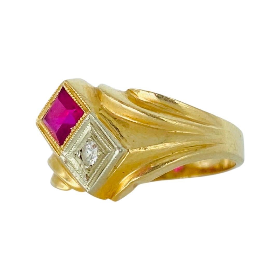 Art Deco 0.50 Total Carat Weight Ruby and Diamond Ring Rose Gold 14kThe ring features a red ruby princess cut weighting approx 0.44 carat and a single diamond weighting approx 0.06 carat for a total weight of 0.50 carat.
The ring weights 3.5 grams