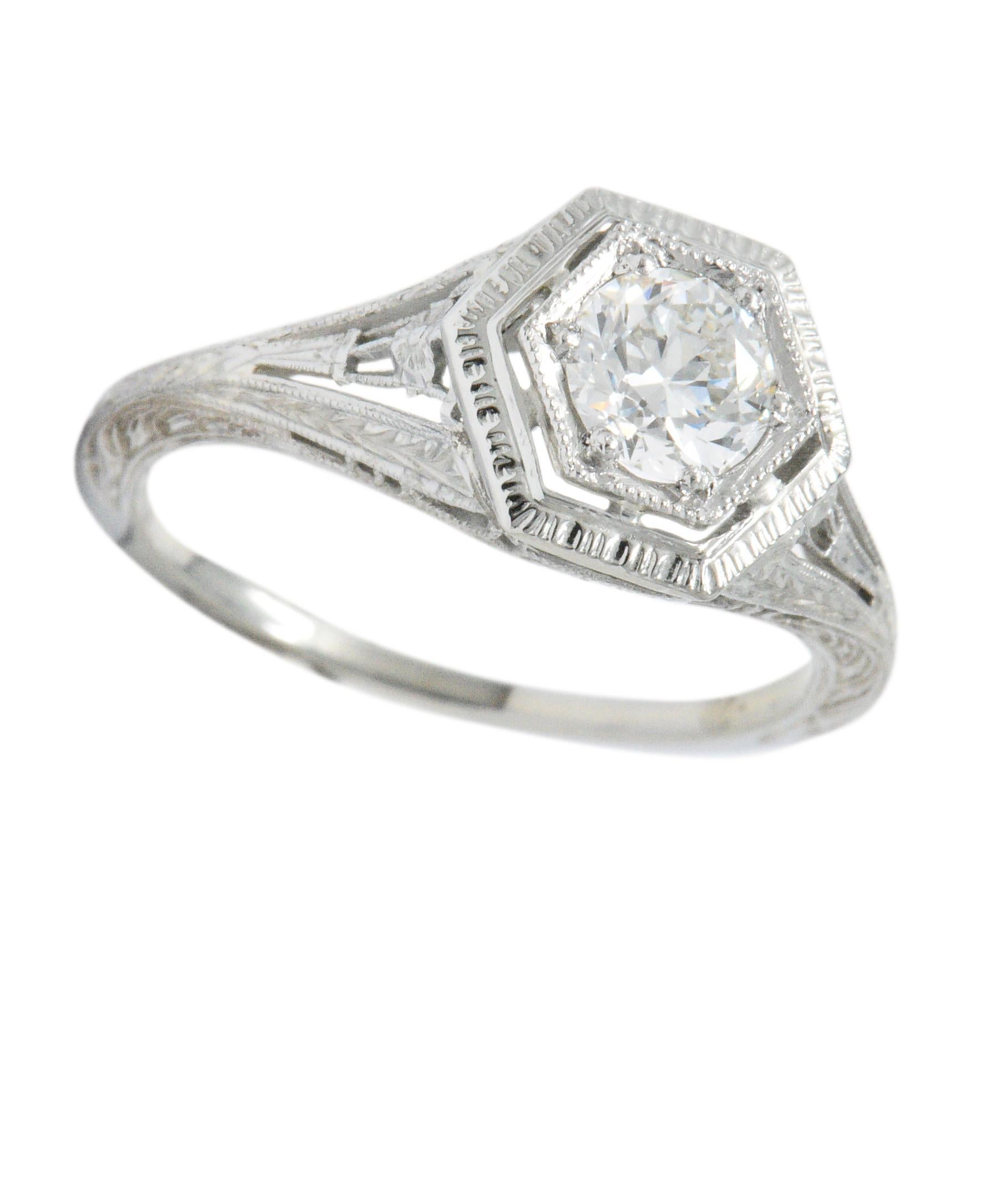 Old European Cut Art Deco 0.51 Carat Diamond 18 Karat White Gold Octagonal Halo Engagement Ring