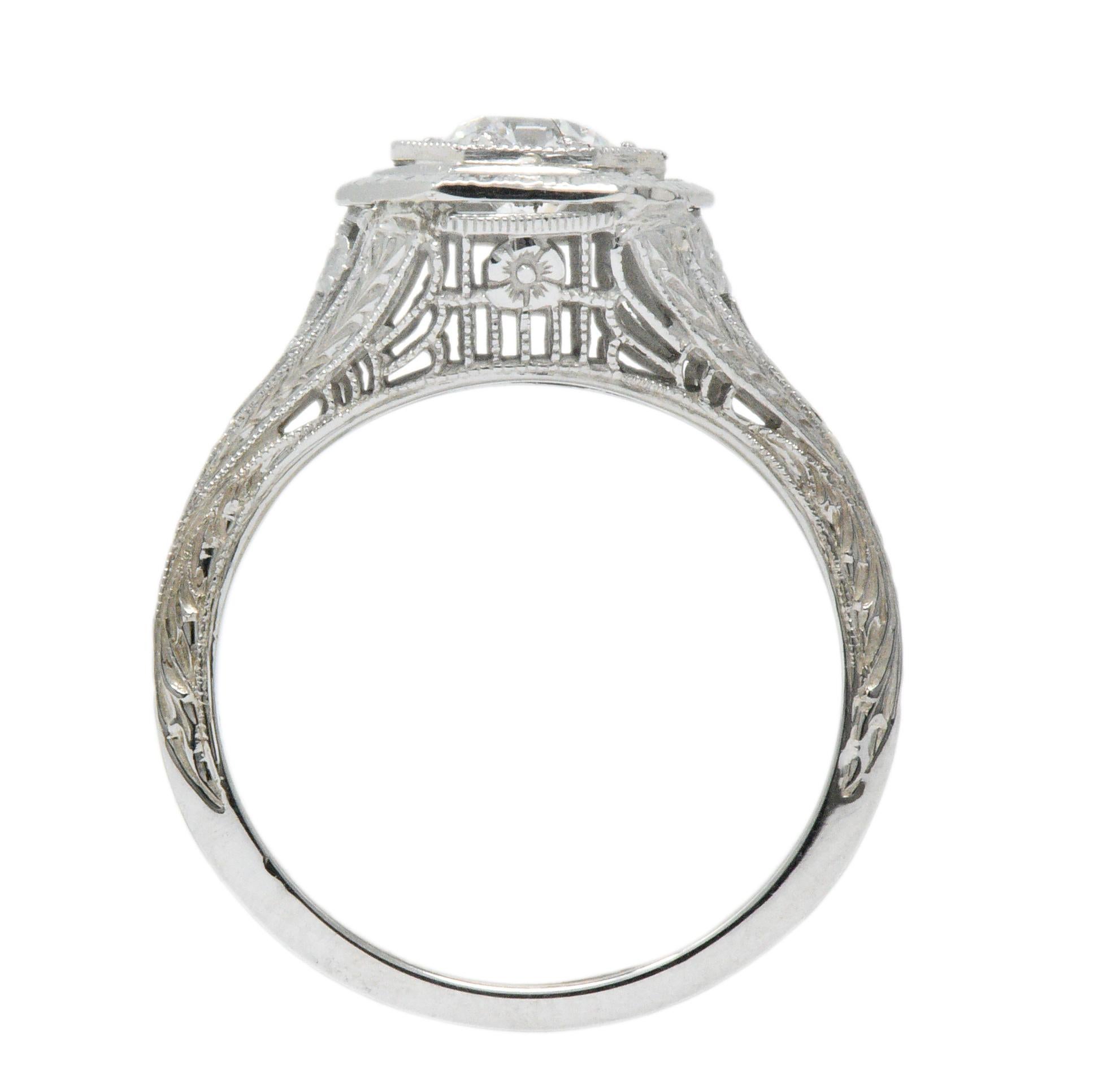 Art Deco 0.51 Carat Diamond 18 Karat White Gold Octagonal Halo Engagement Ring In Excellent Condition In Philadelphia, PA