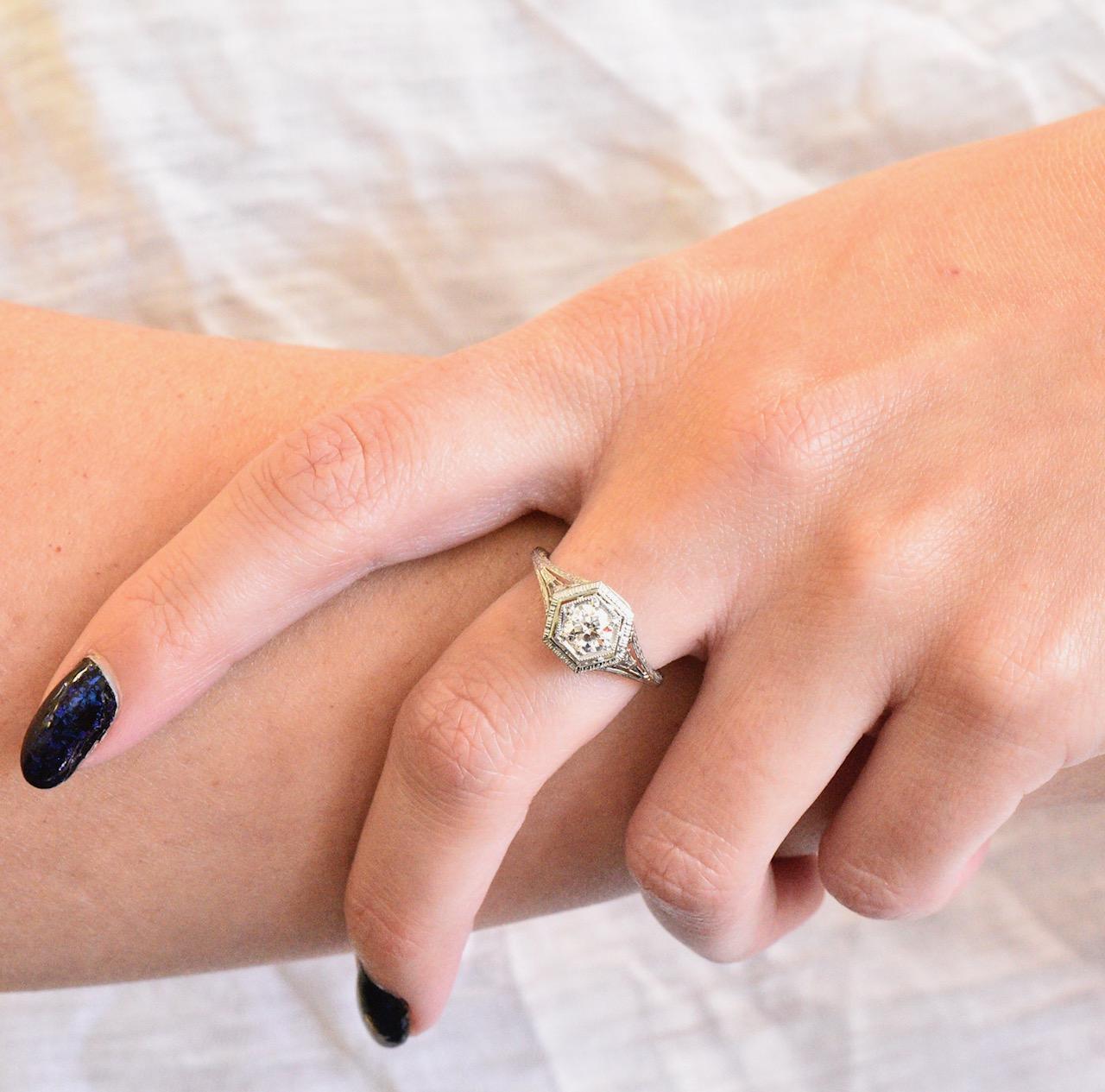 Women's or Men's Art Deco 0.51 Carat Diamond 18 Karat White Gold Octagonal Halo Engagement Ring