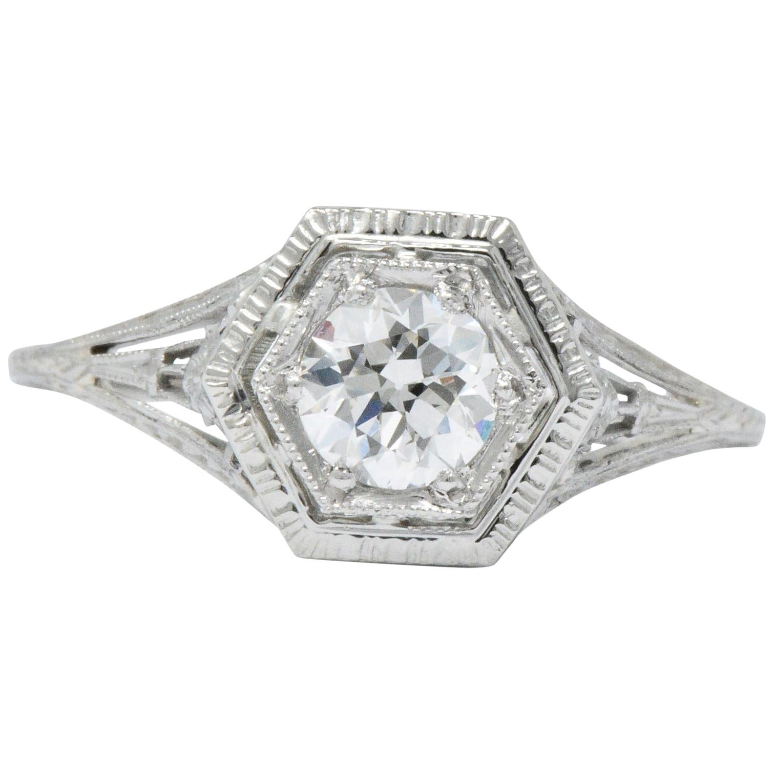 Art Deco 0.51 Carat Diamond 18 Karat White Gold Octagonal Halo Engagement Ring