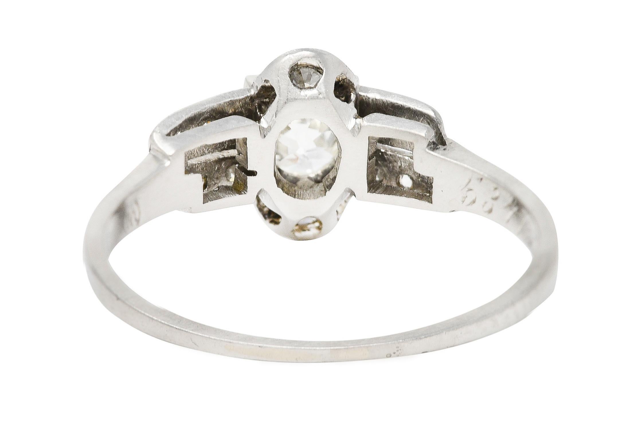 Art Deco 0.51 Carat Old European Cut Diamond Platinum Geometric Engagement Ring In Excellent Condition In Philadelphia, PA