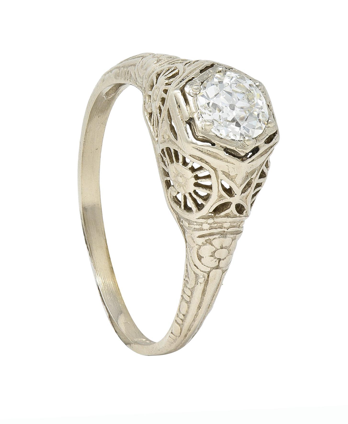 Art Deco 0.51 CTW Old European Cut Diamond 14 Karat White Gold Engagement Ring 8