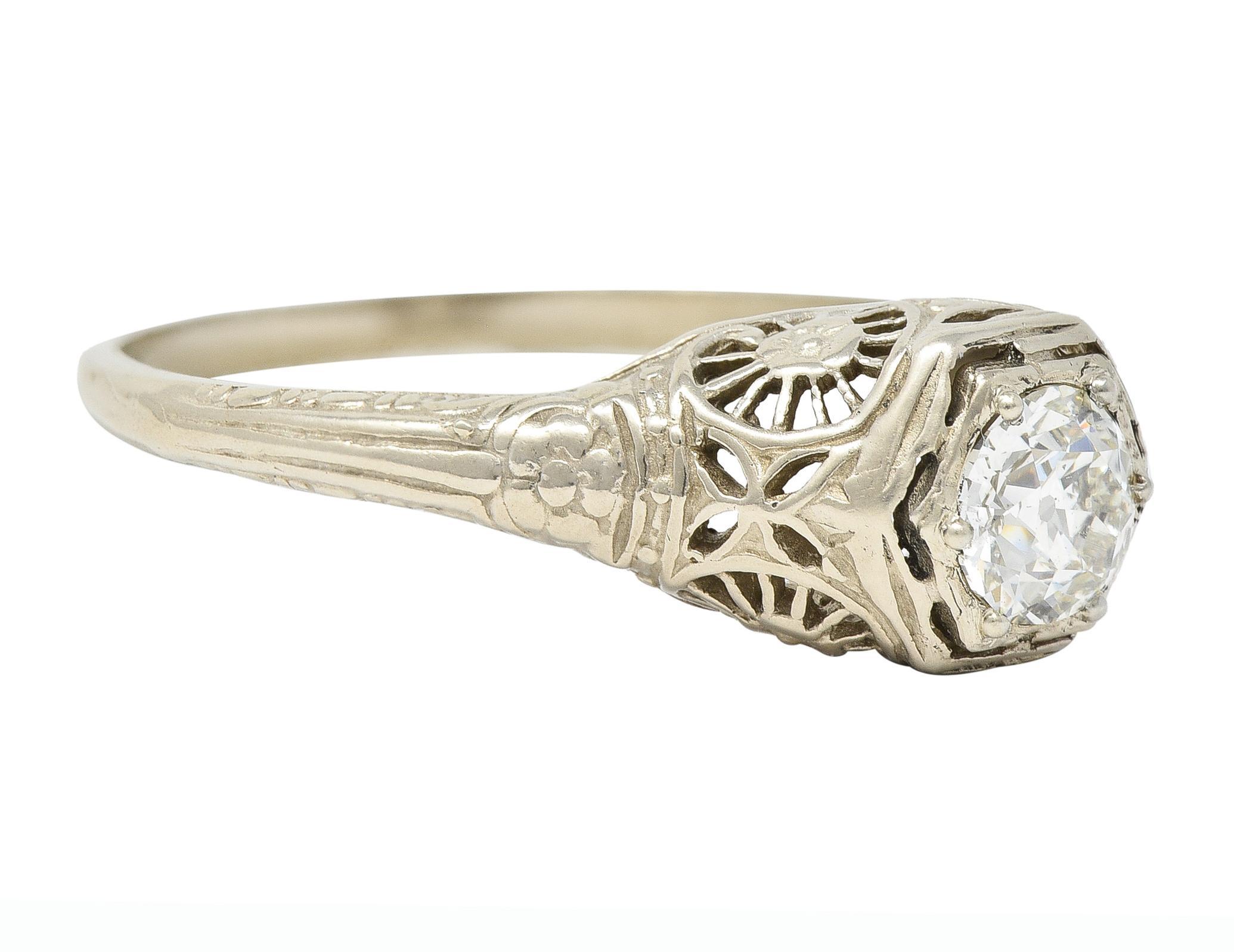 Art Deco 0.51 CTW Old European Cut Diamond 14 Karat White Gold Engagement Ring In Excellent Condition In Philadelphia, PA