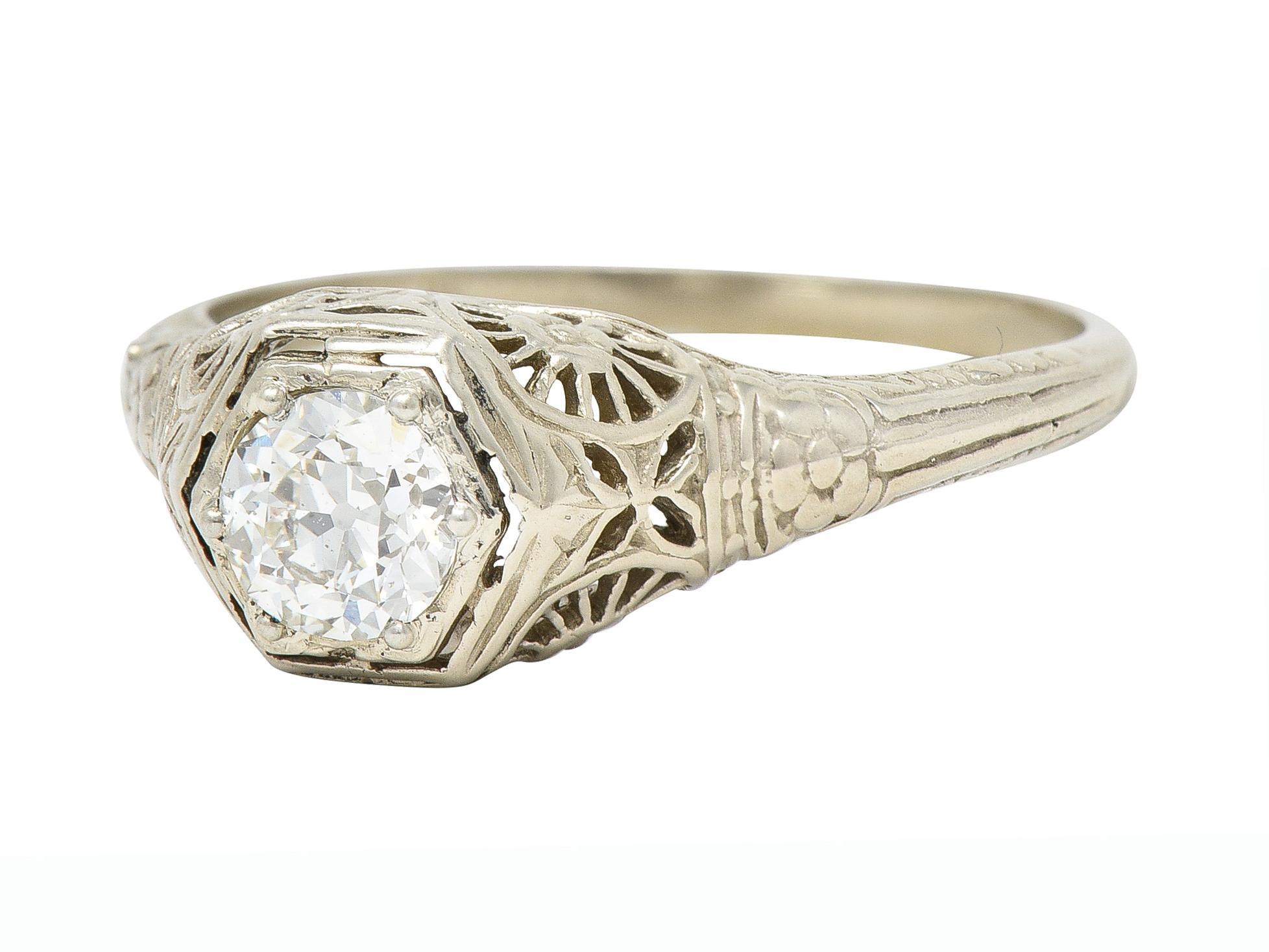 Art Deco 0.51 CTW Old European Cut Diamond 14 Karat White Gold Engagement Ring 3