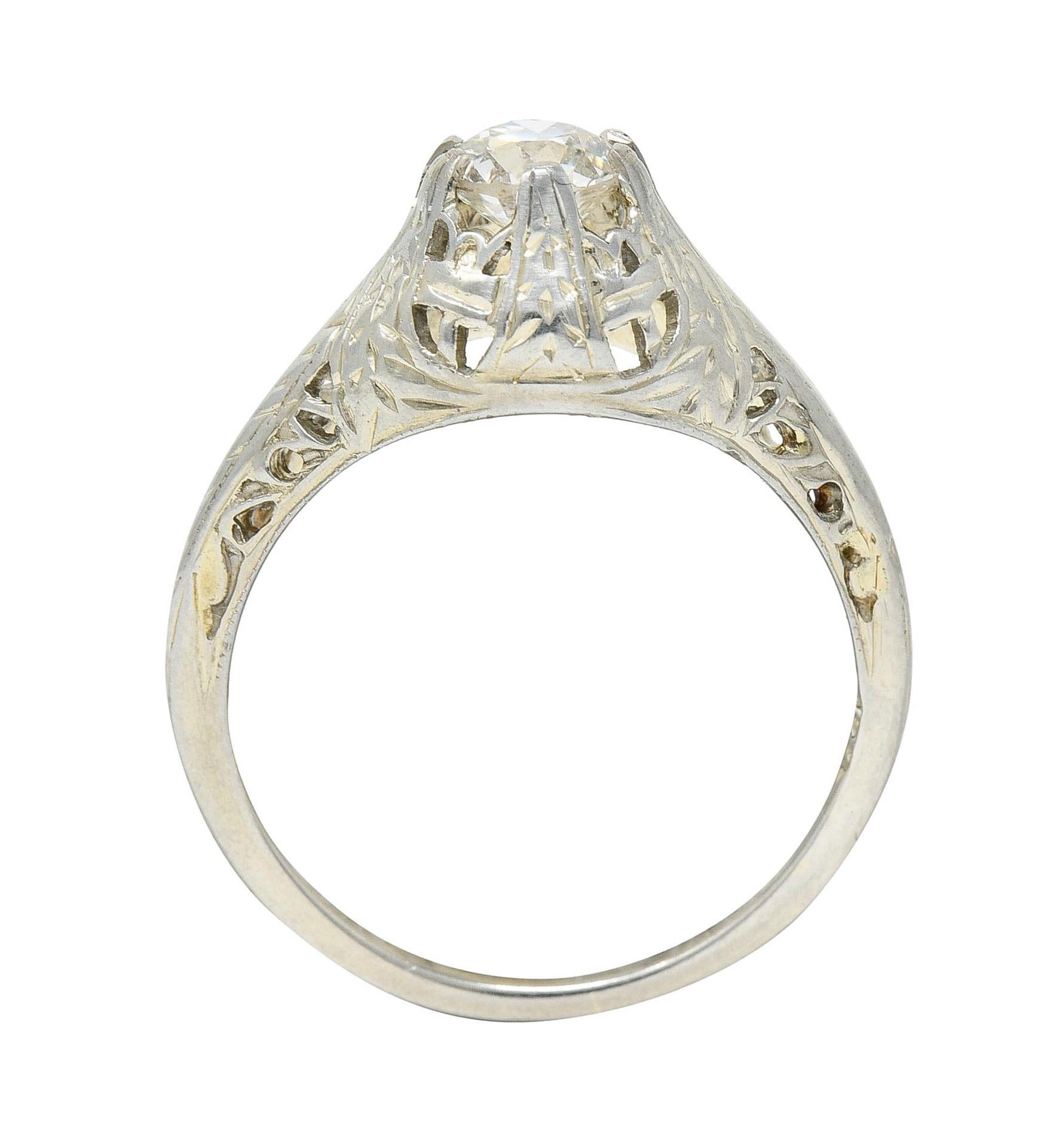 Art Deco 0.52 Carat Diamond 18 Karat White Gold Foliate Engagement Ring For Sale 5