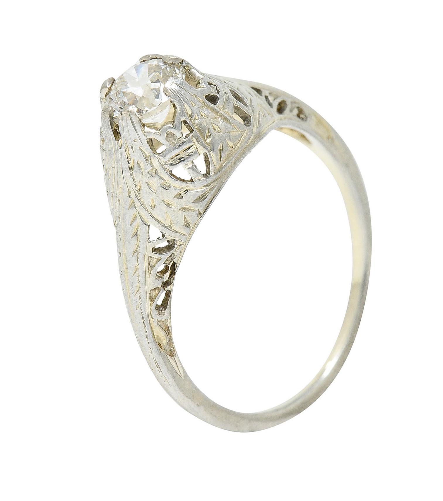 Art Deco 0.52 Carat Diamond 18 Karat White Gold Foliate Engagement Ring For Sale 7