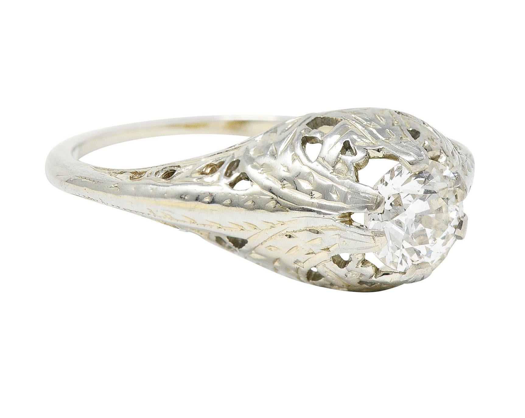 Old European Cut Art Deco 0.52 Carat Diamond 18 Karat White Gold Foliate Engagement Ring For Sale