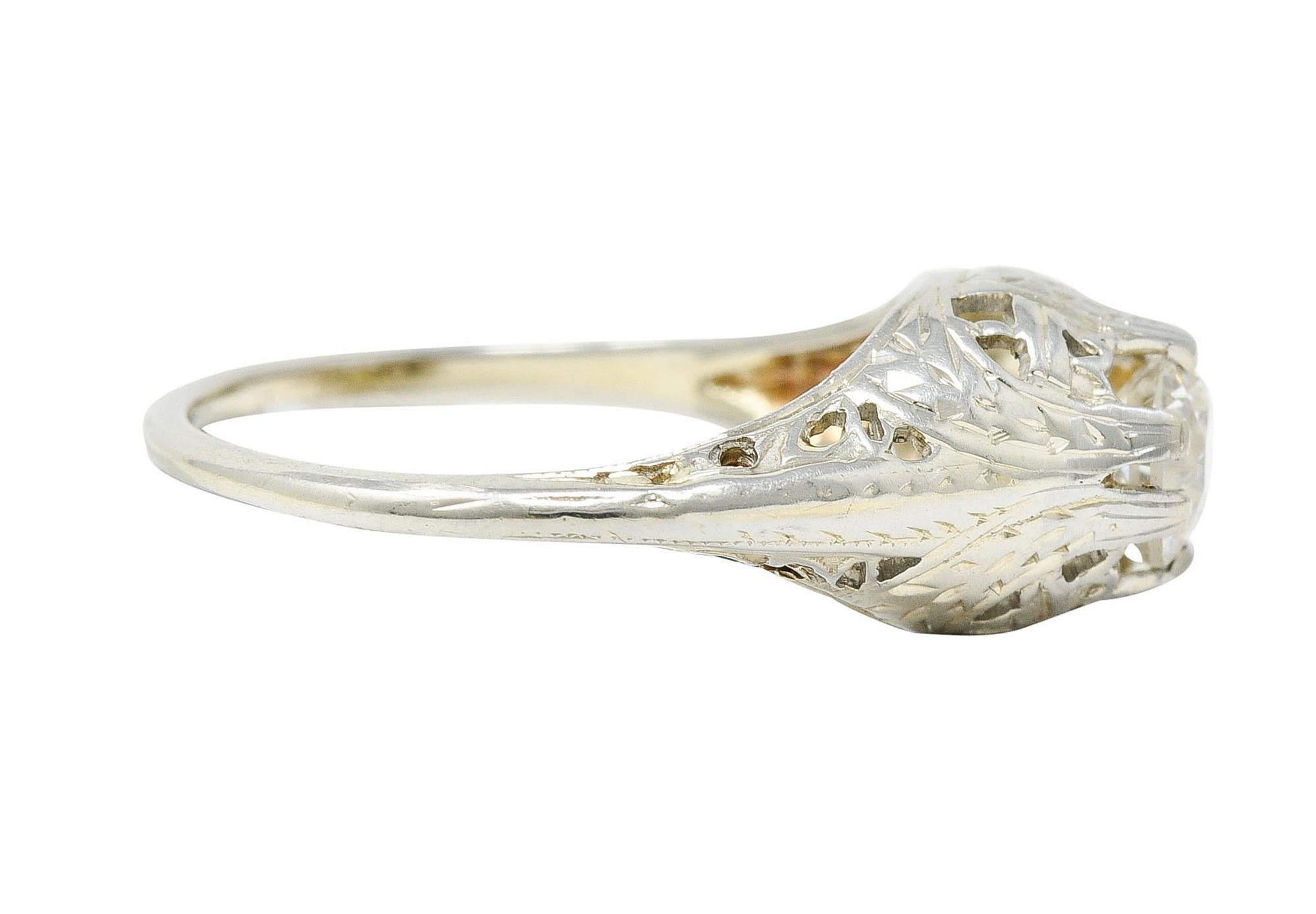 Art Deco 0.52 Carat Diamond 18 Karat White Gold Foliate Engagement Ring In Excellent Condition For Sale In Philadelphia, PA