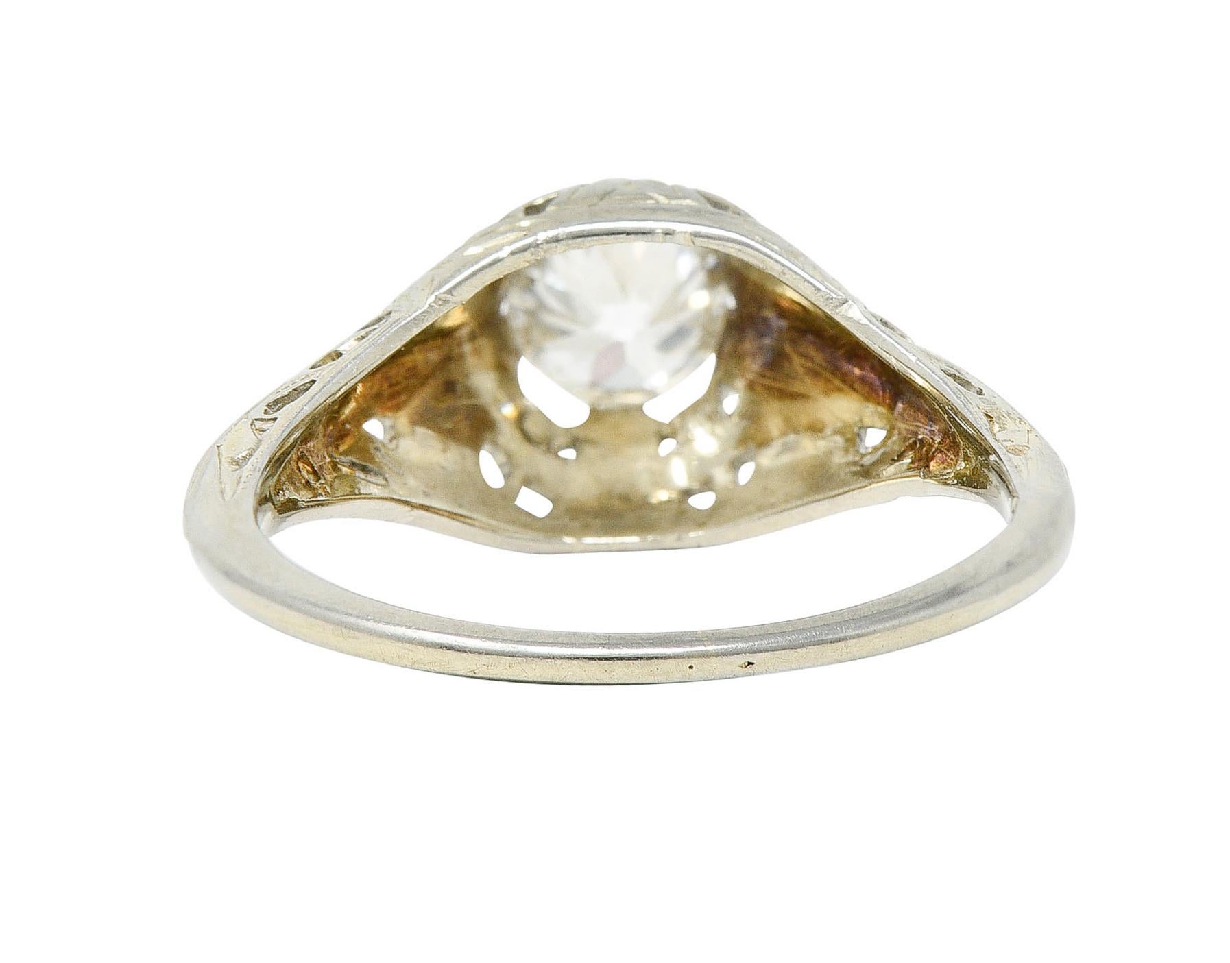 Women's or Men's Art Deco 0.52 Carat Diamond 18 Karat White Gold Foliate Engagement Ring For Sale