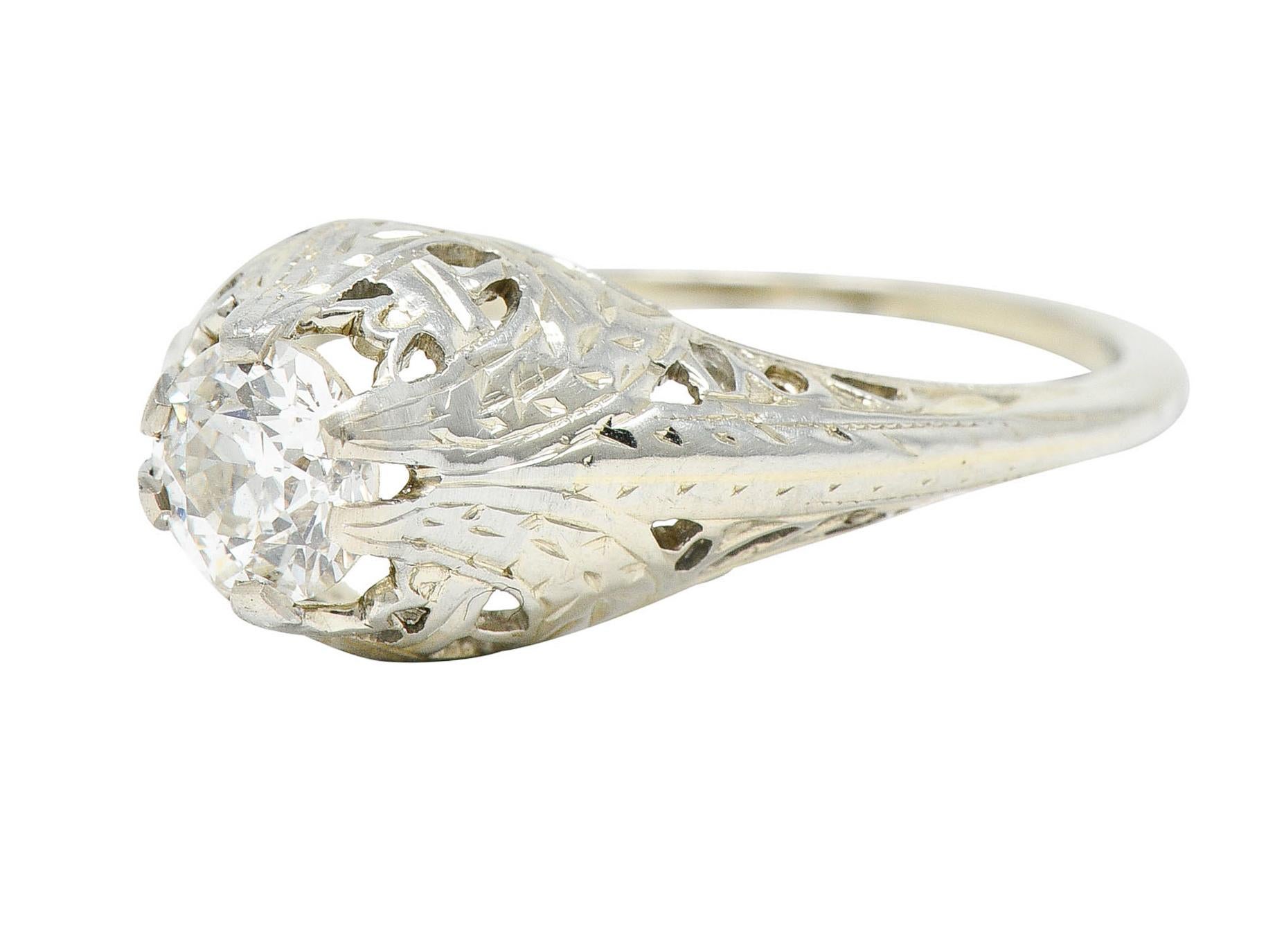 Art Deco 0.52 Carat Diamond 18 Karat White Gold Foliate Engagement Ring For Sale 2