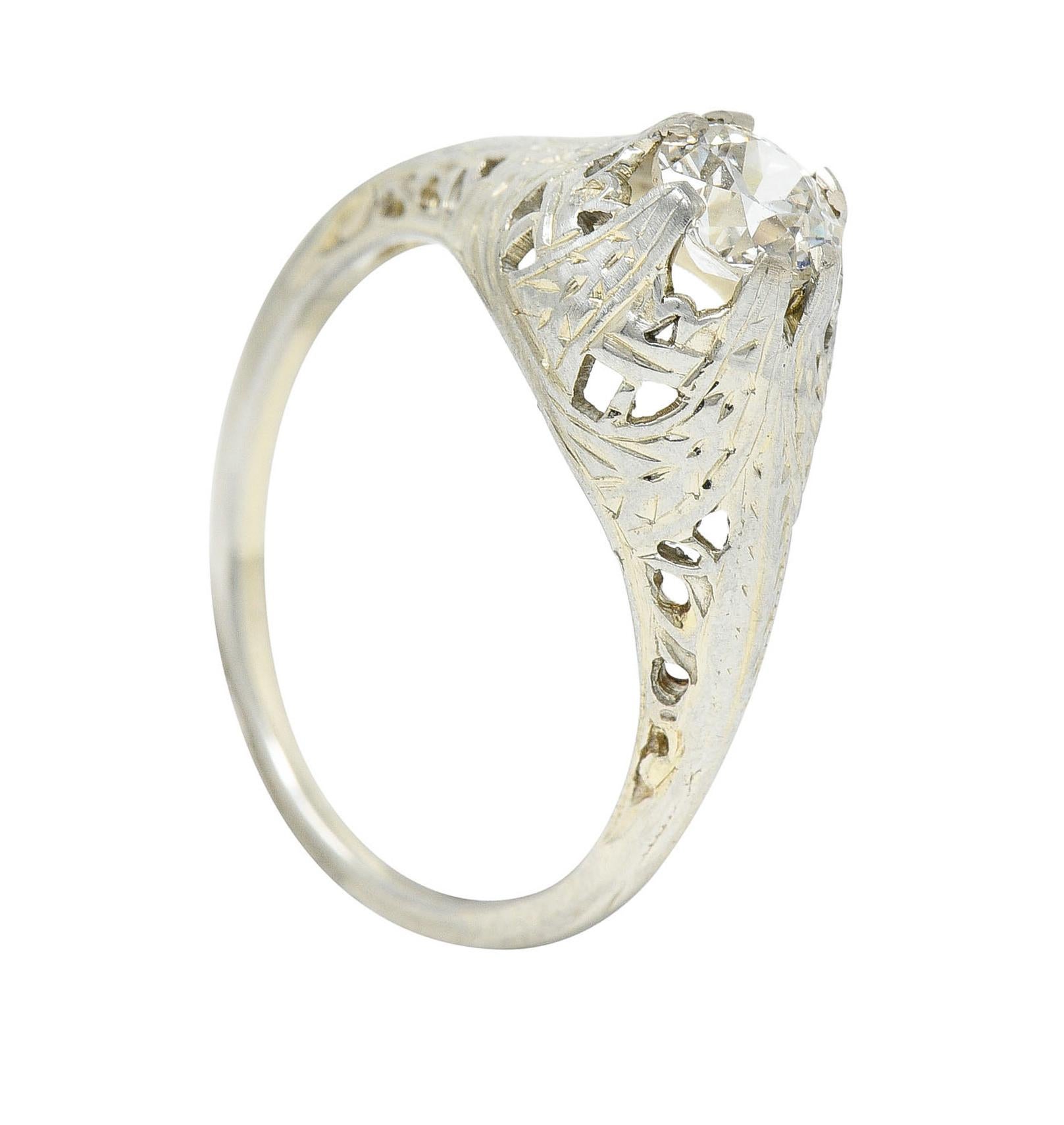 Art Deco 0.52 Carat Diamond 18 Karat White Gold Foliate Engagement Ring For Sale 4
