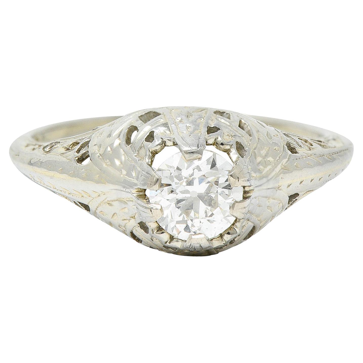 Art Deco 0.52 Carat Diamond 18 Karat White Gold Foliate Engagement Ring For Sale