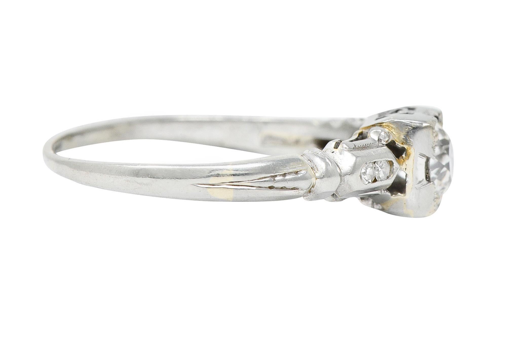Old European Cut Art Deco 0.52 Carat Diamond 18 Karat White Gold Lotus Engagement Ring For Sale