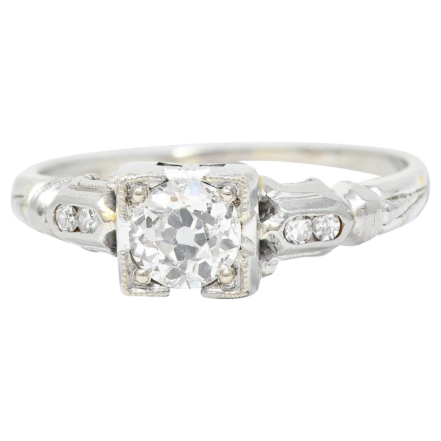 Art Deco 0.52 Carat Diamond 18 Karat White Gold Lotus Engagement Ring For Sale