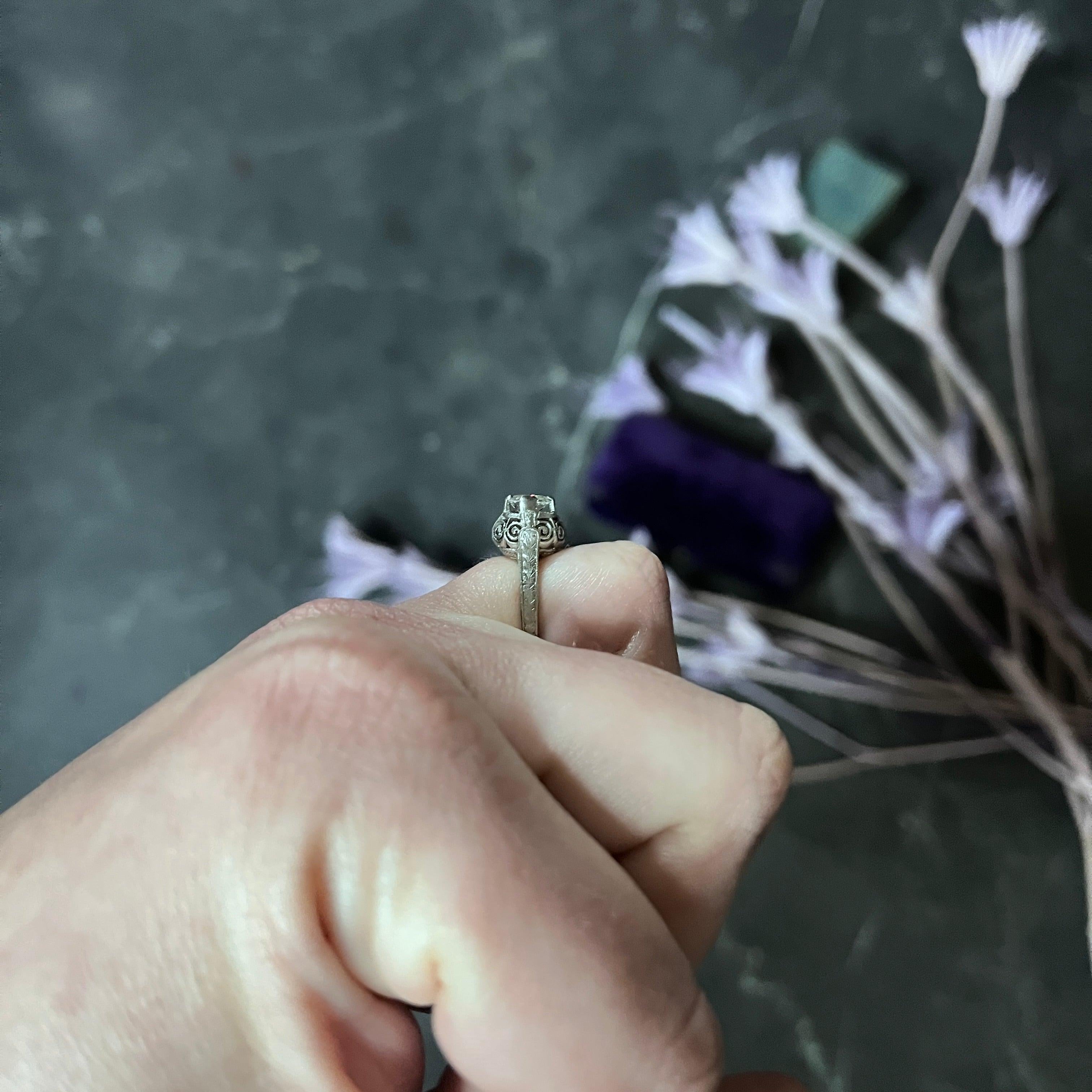 Art Deco 0.52 Carat Diamond Platinum Scrolled Foliate Engagement Ring For Sale 6
