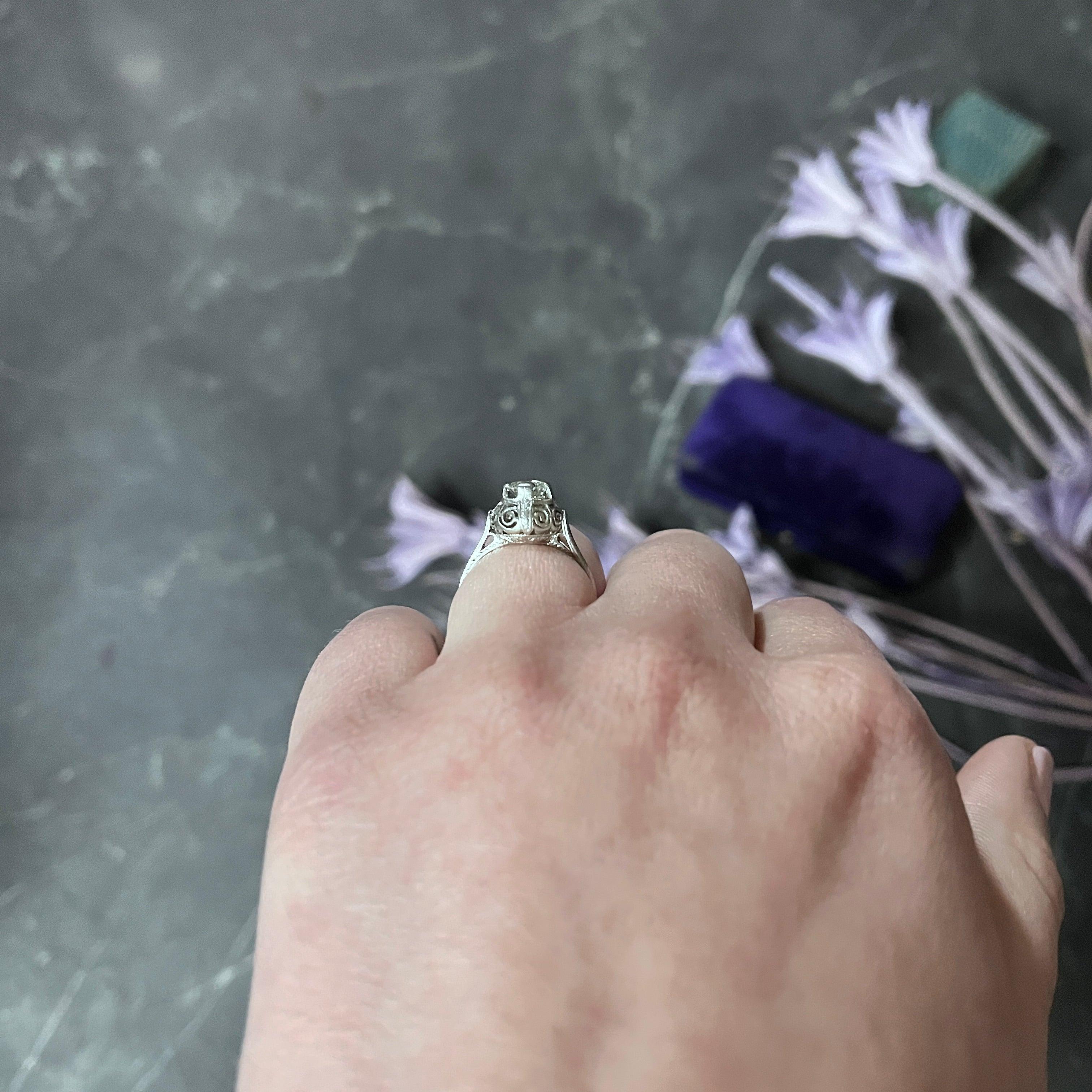 Art Deco 0.52 Carat Diamond Platinum Scrolled Foliate Engagement Ring For Sale 7