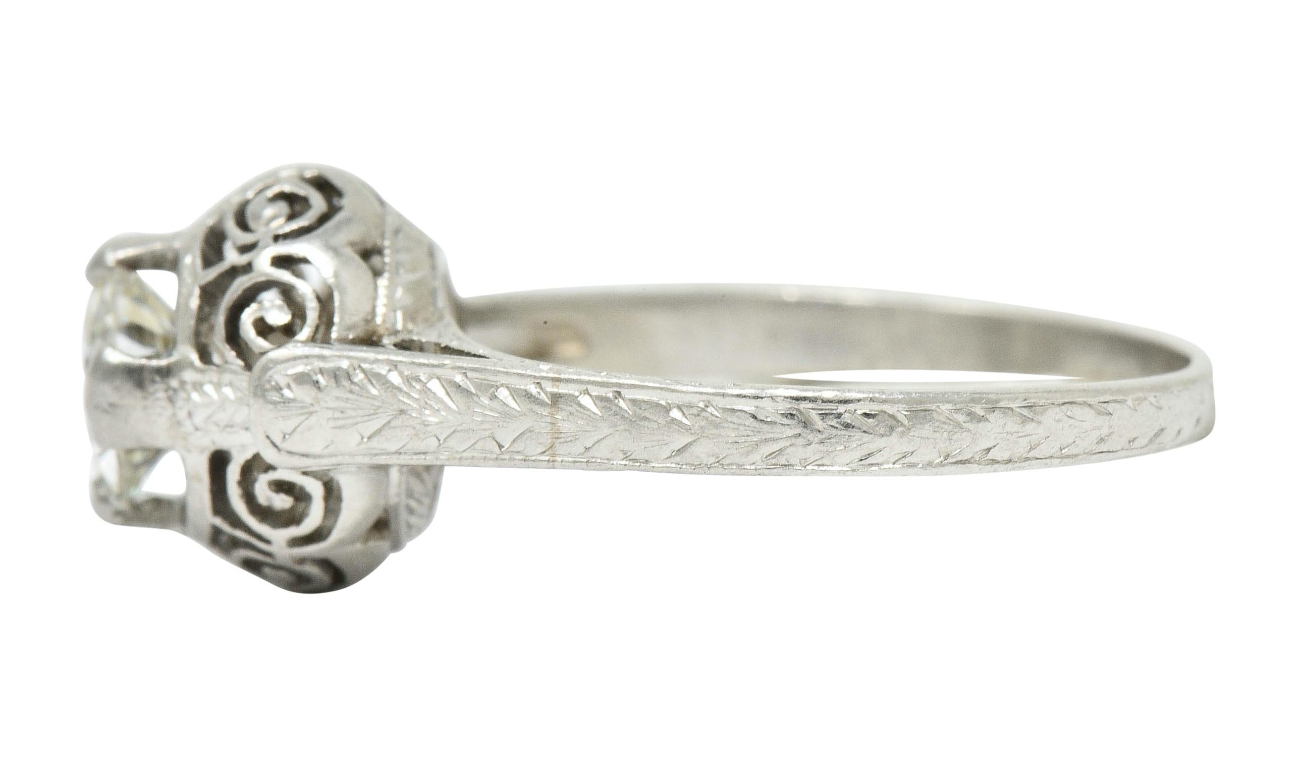 Women's or Men's Art Deco 0.52 Carat Diamond Platinum Scrolled Foliate Engagement Ring For Sale