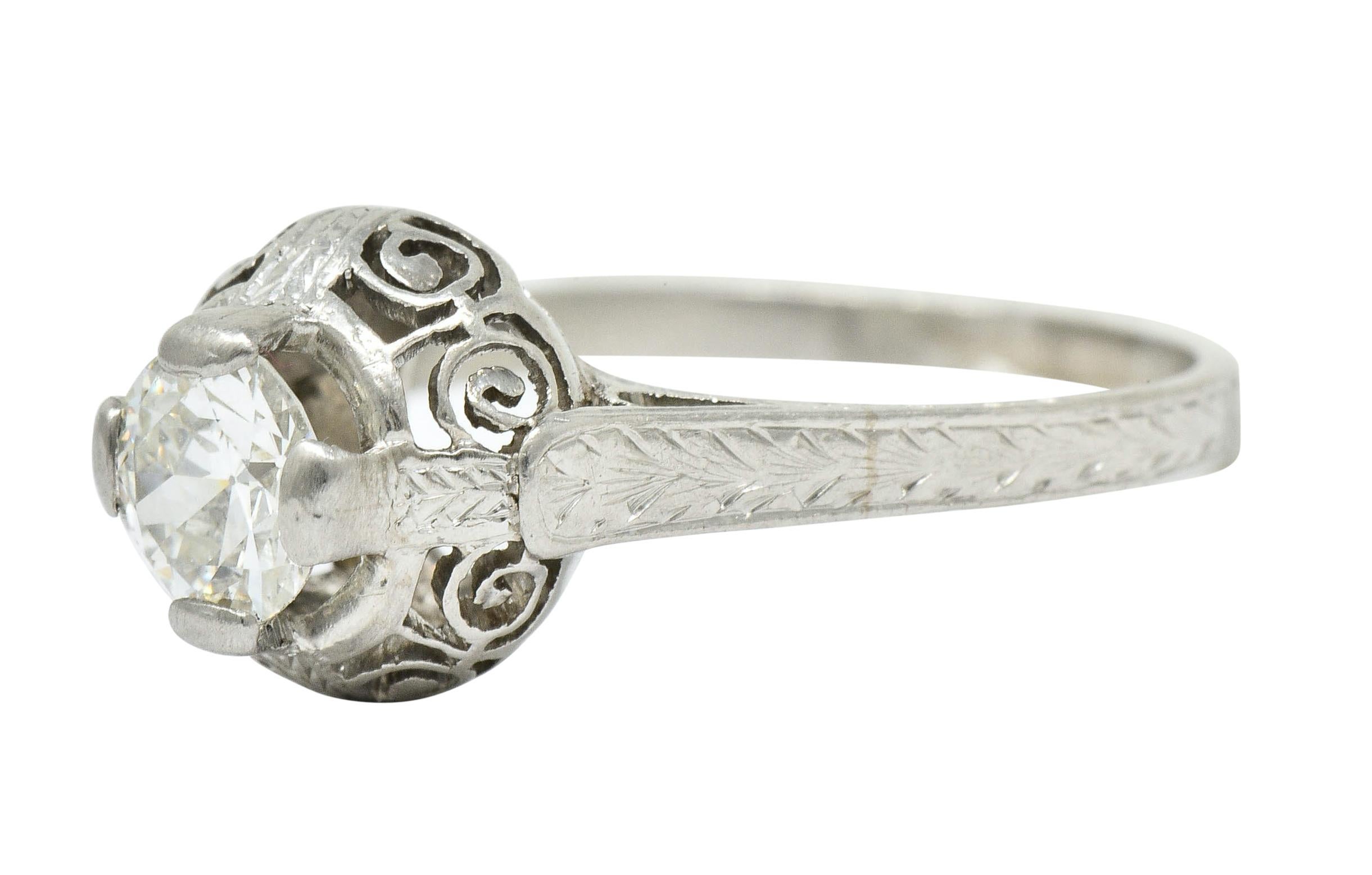 Art Deco 0.52 Carat Diamond Platinum Scrolled Foliate Engagement Ring For Sale 1