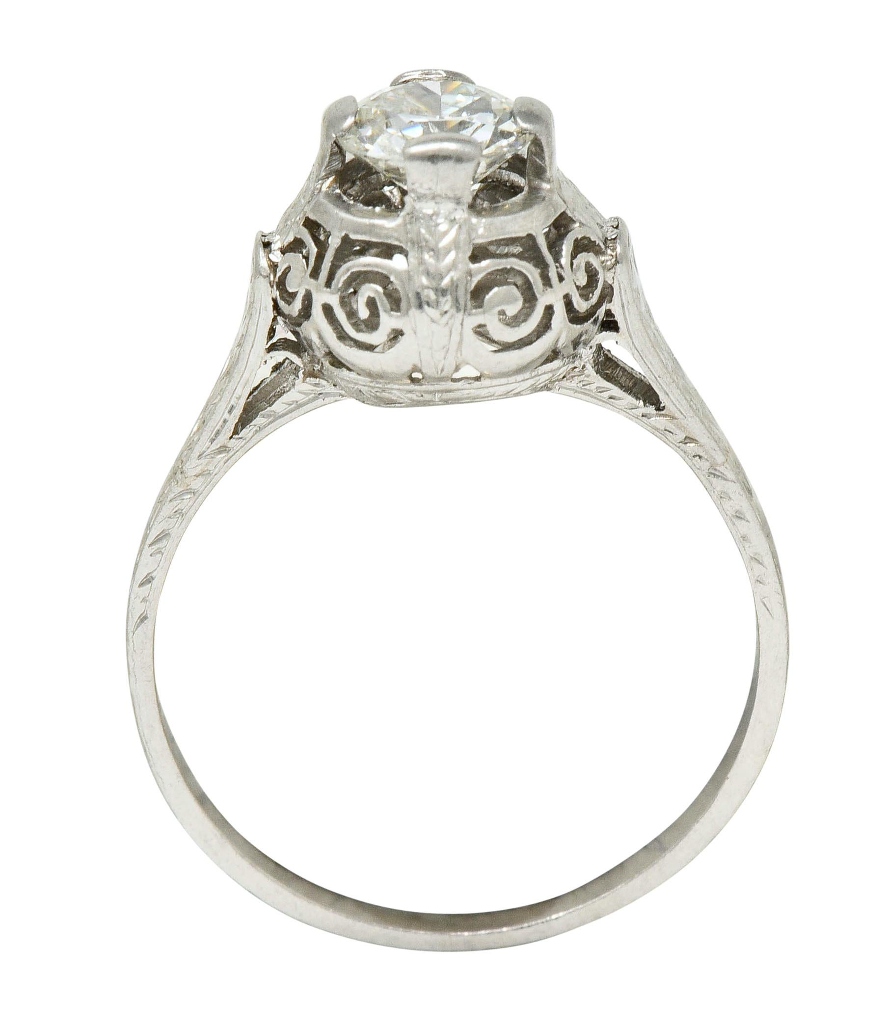 Art Deco 0.52 Carat Diamond Platinum Scrolled Foliate Engagement Ring For Sale 2