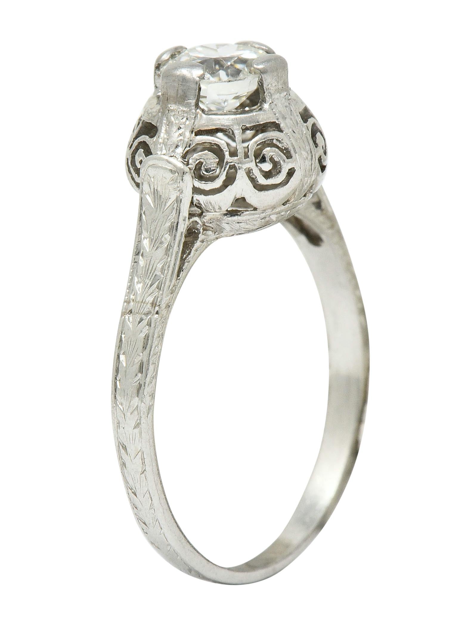 Art Deco 0.52 Carat Diamond Platinum Scrolled Foliate Engagement Ring For Sale 3