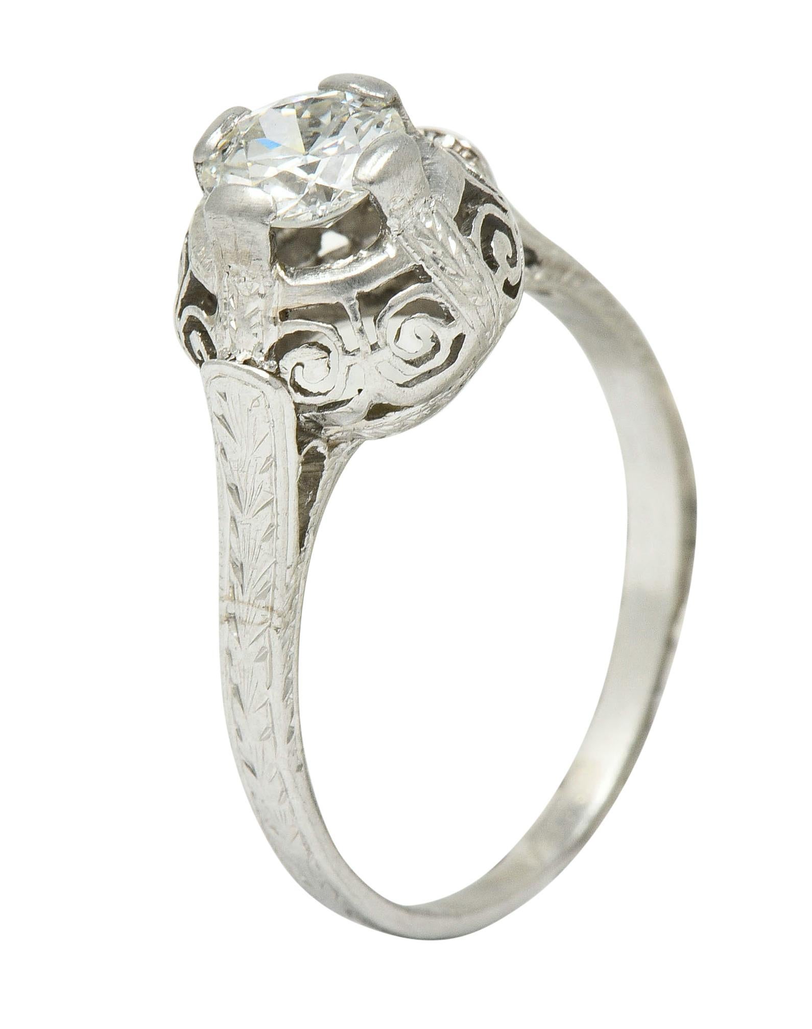 Art Deco 0.52 Carat Diamond Platinum Scrolled Foliate Engagement Ring For Sale 4