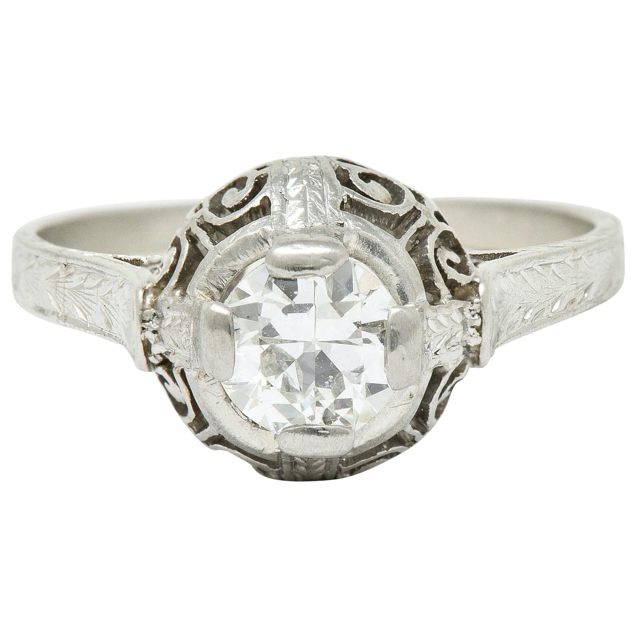 Art Deco 0.52 Carat Diamond Platinum Scrolled Foliate Engagement Ring For Sale