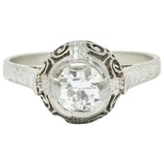 Art Deco 0.52 Carat Diamond Platinum Scrolled Foliate Engagement Ring