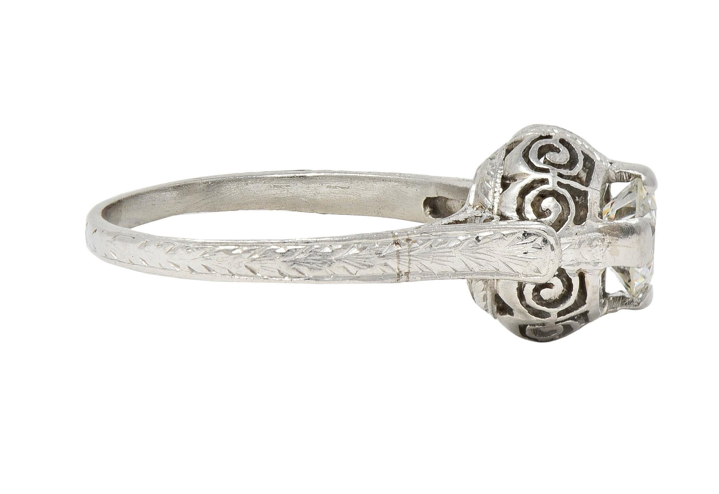 Round Cut Art Deco 0.52 Carat Diamond Platinum Vintage Scrolled Wheat Engagement Ring For Sale