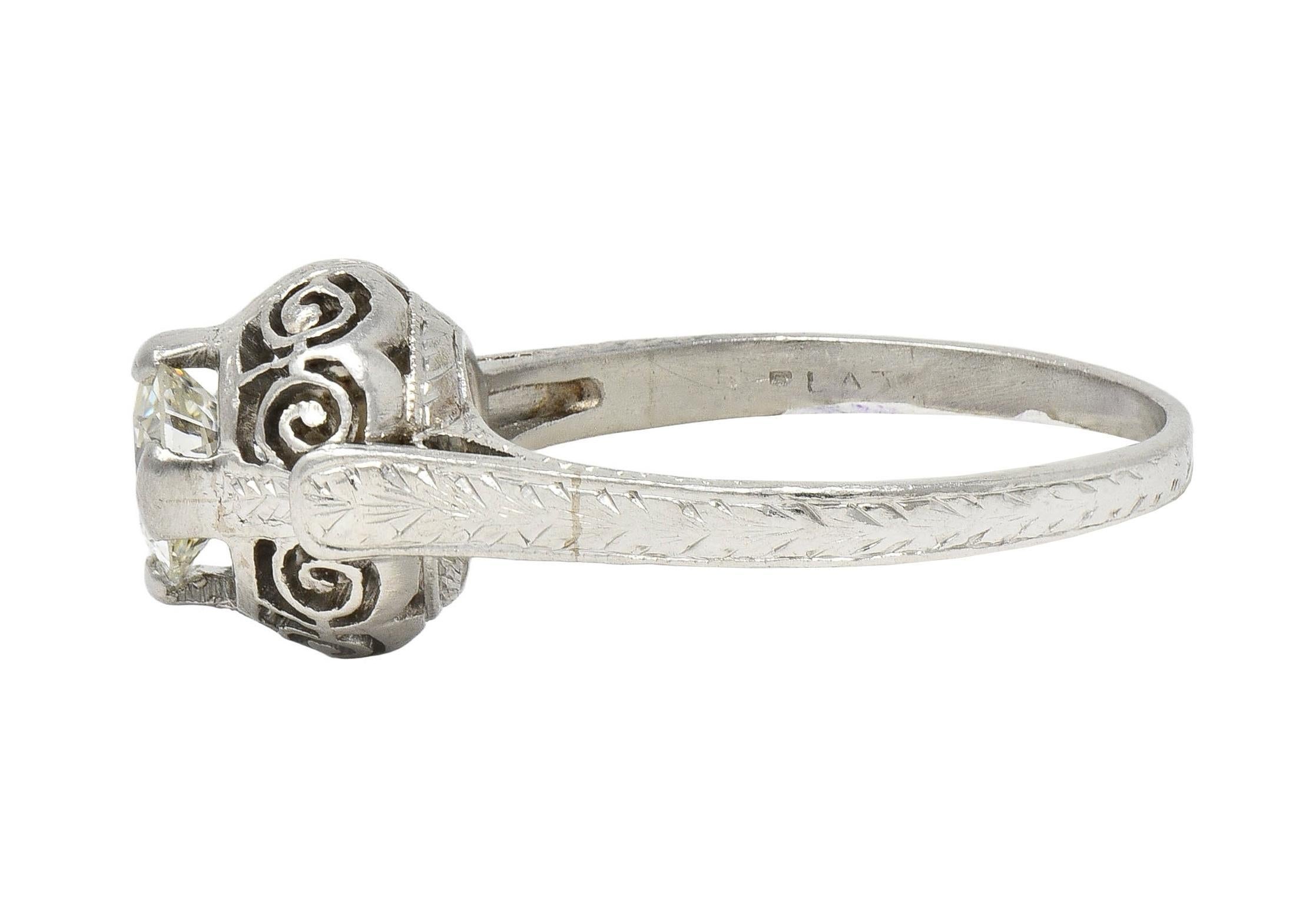 Women's or Men's Art Deco 0.52 Carat Diamond Platinum Vintage Scrolled Wheat Engagement Ring For Sale