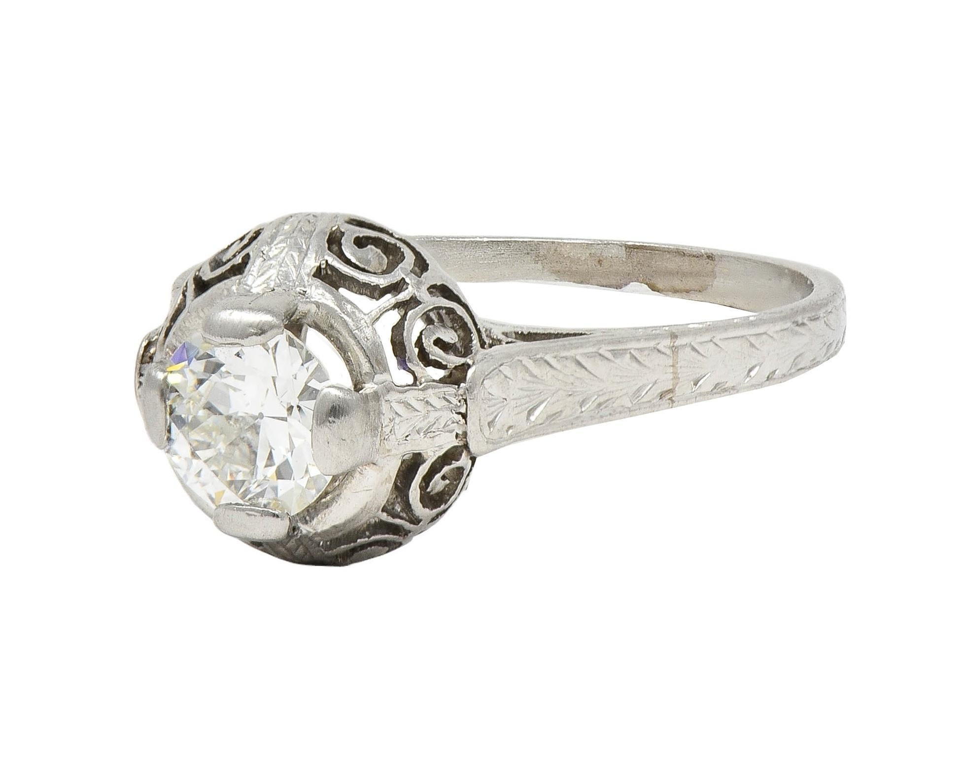 Art Deco 0.52 Carat Diamond Platinum Vintage Scrolled Wheat Engagement Ring For Sale 1