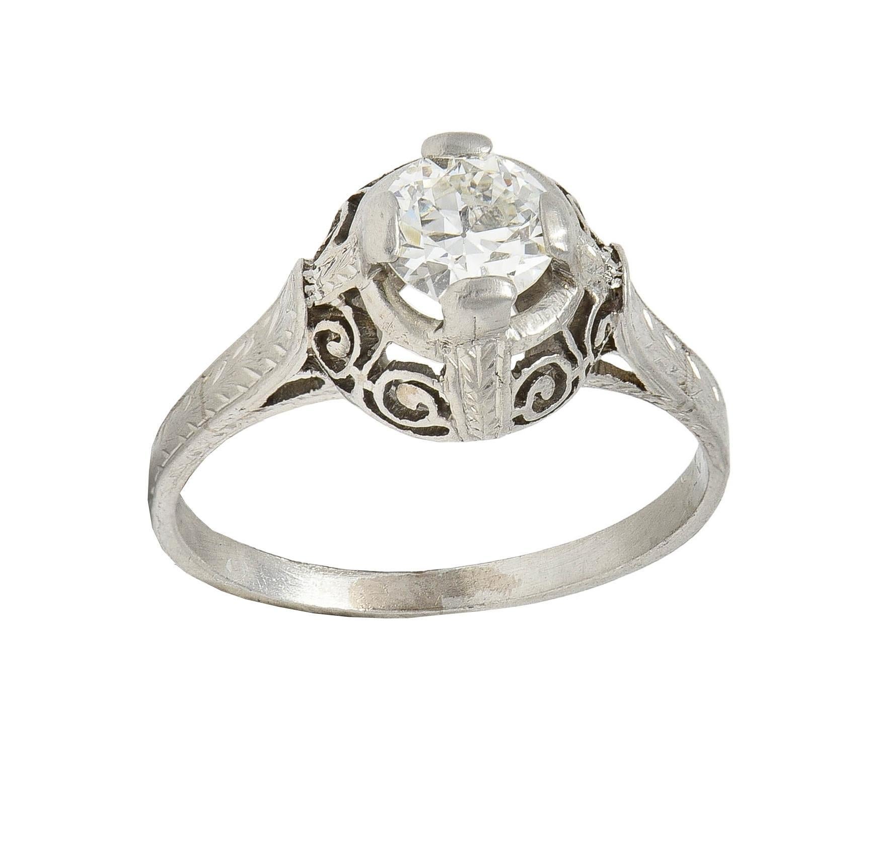 Art Deco 0.52 Carat Diamond Platinum Vintage Scrolled Wheat Engagement Ring For Sale 3