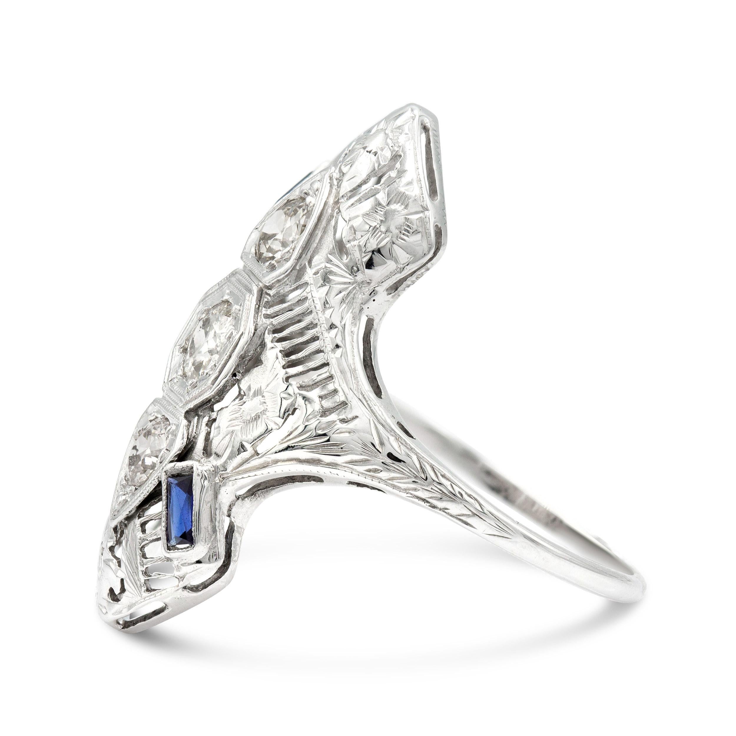 Old European Cut Art Deco 0.52 Ct. Three Stone Diamond and Sapphire Ring in 14k White Gold For Sale