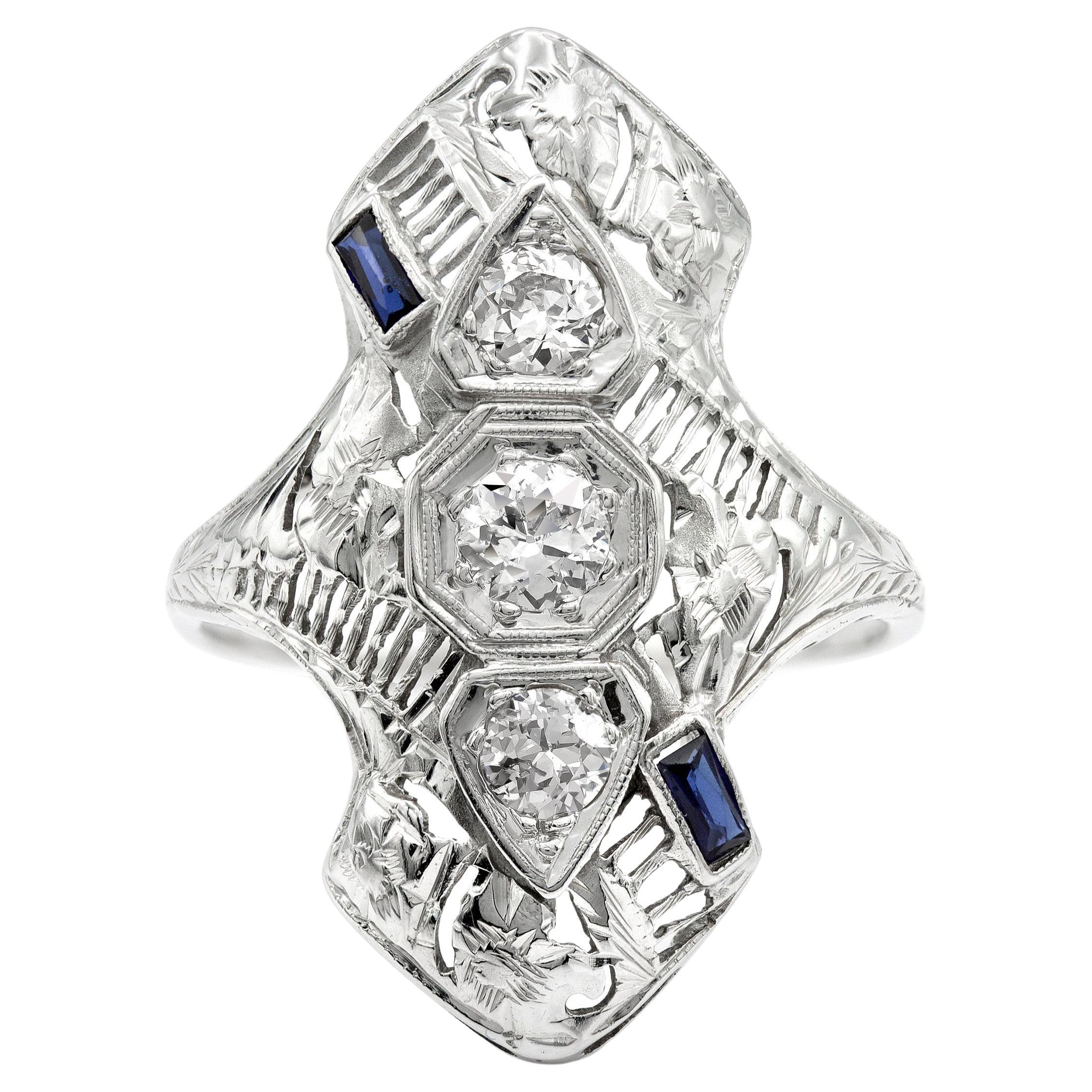 Art Deco 0.52 Ct. Three Stone Diamond and Sapphire Ring in 14k White Gold For Sale
