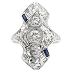 Antique Art Deco 0.52 Ct. Three Stone Diamond and Sapphire Ring in 14k White Gold