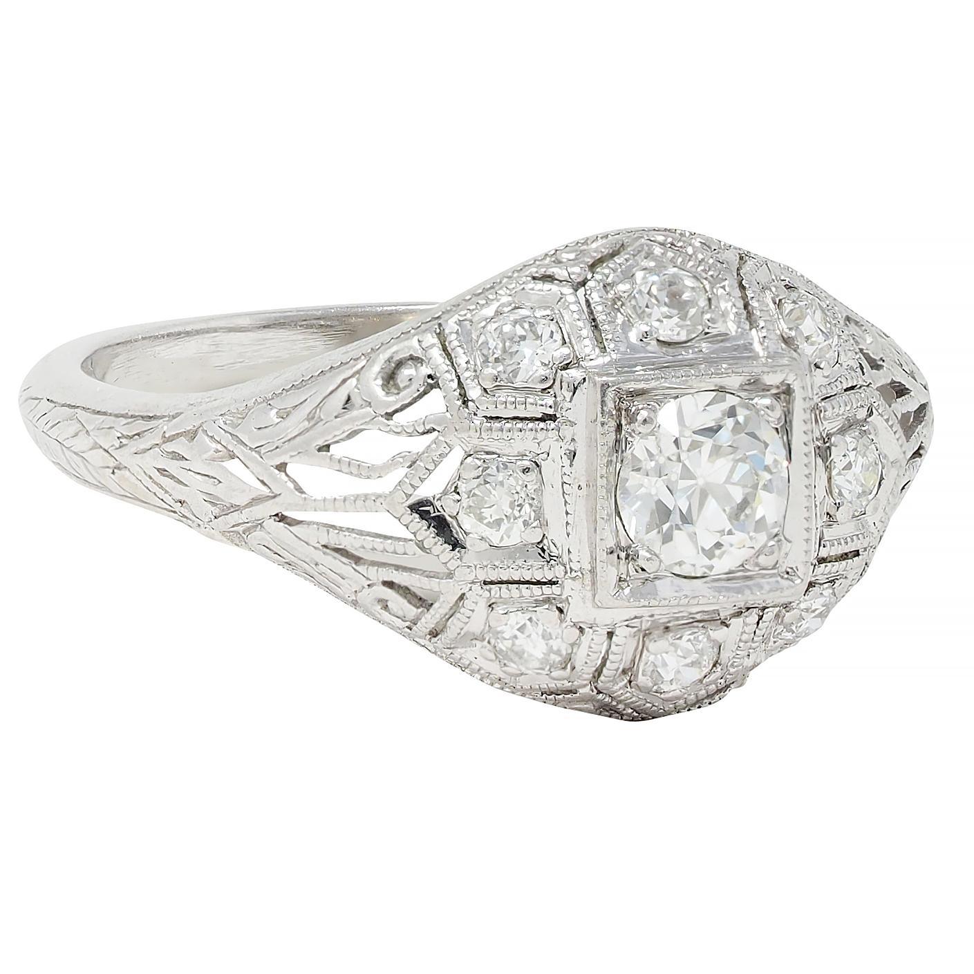 Art Deco 0,52 CTW Diamant Platin Vintage Weizen Bombé Verlobungsring (Art déco) im Angebot