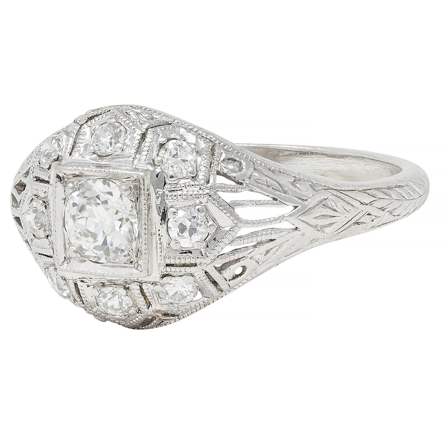 Art Deco 0,52 CTW Diamant Platin Vintage Weizen Bombé Verlobungsring im Angebot 1