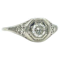 Art Deco 0.52 Ct Diamond 18k White Gold Filigree Antique Engagement Ring, 1920s