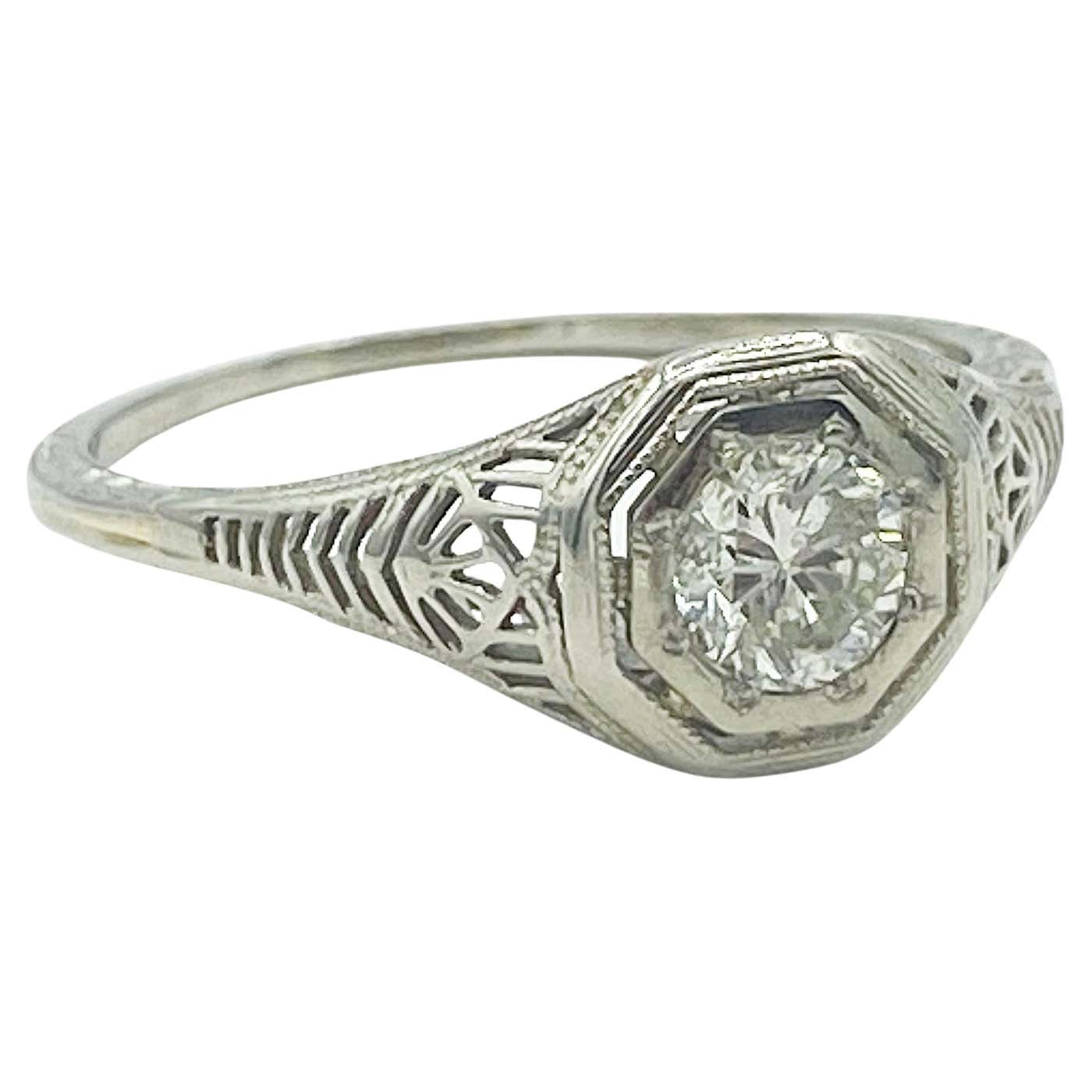 Old Rings Art Deco 0.52 Ct Diamond 18k White Gold Filigree Antique Engagement ...