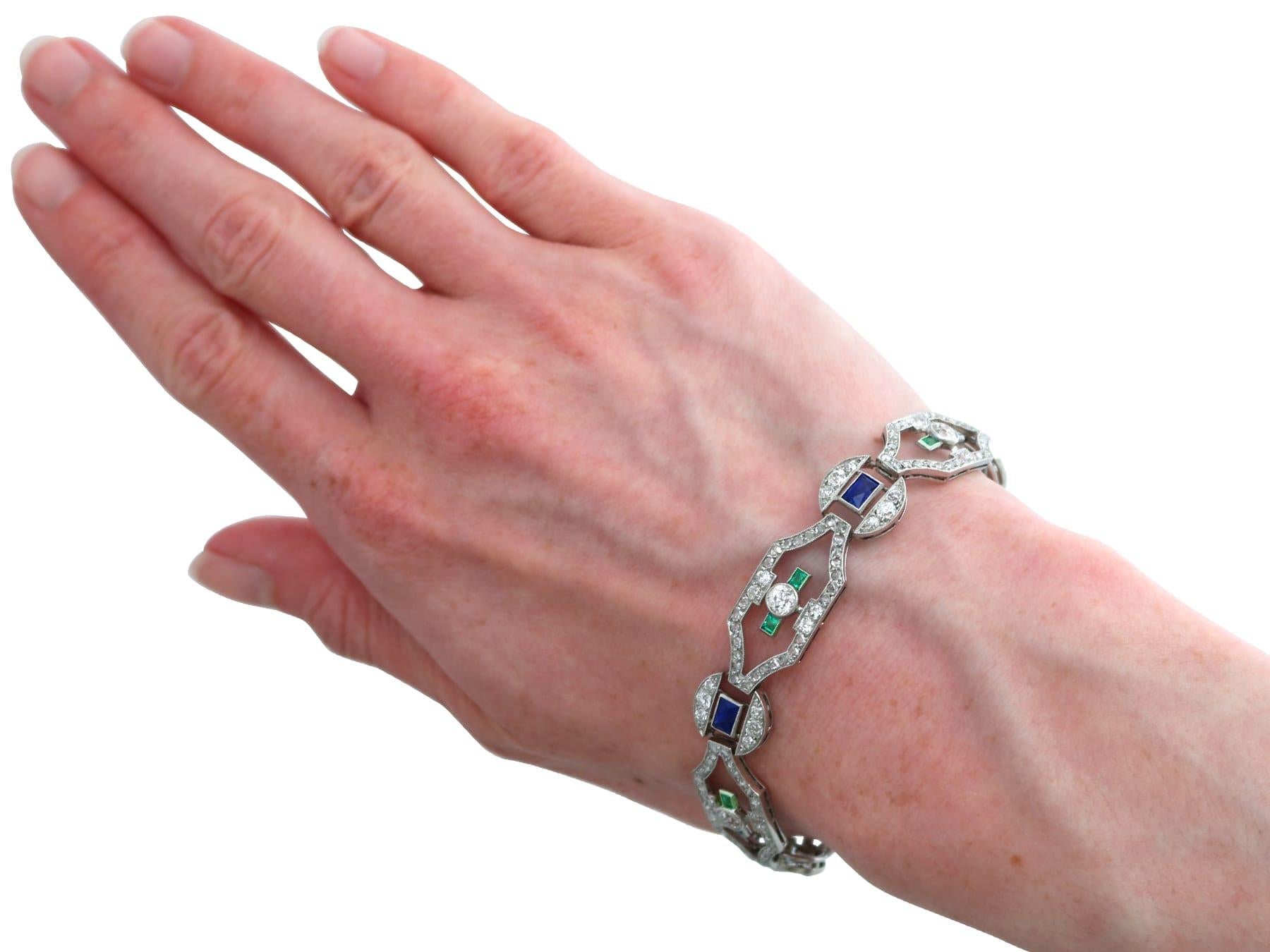 Art Deco 0.52Ct Emerald, 2.00Ct Sapphire, 4.46Ct Diamond and Platinum Bracelet For Sale 5