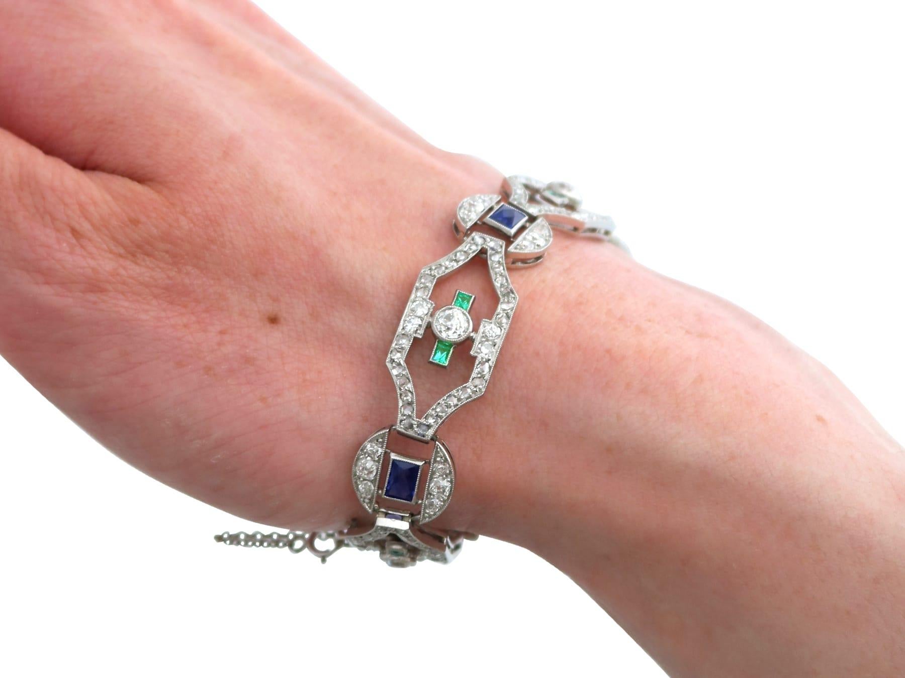 Art Deco 0.52Ct Emerald, 2.00Ct Sapphire, 4.46Ct Diamond and Platinum Bracelet For Sale 6