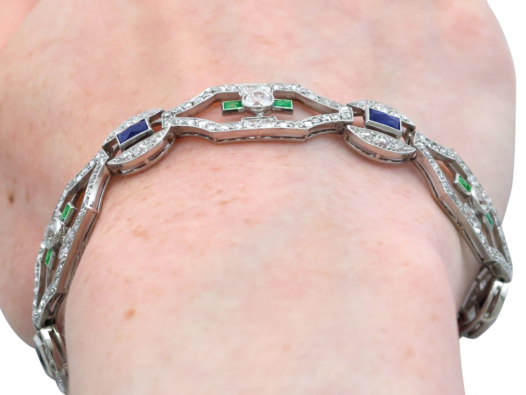 Art Deco 0.52Ct Emerald, 2.00Ct Sapphire, 4.46Ct Diamond and Platinum Bracelet For Sale 7