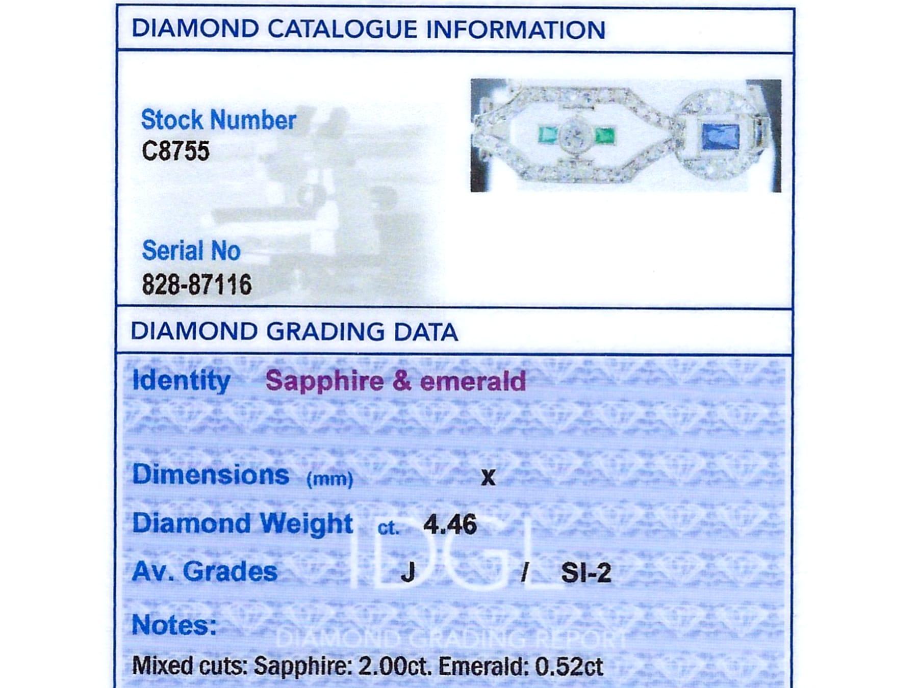 Art Deco 0.52Ct Emerald, 2.00Ct Sapphire, 4.46Ct Diamond and Platinum Bracelet For Sale 8